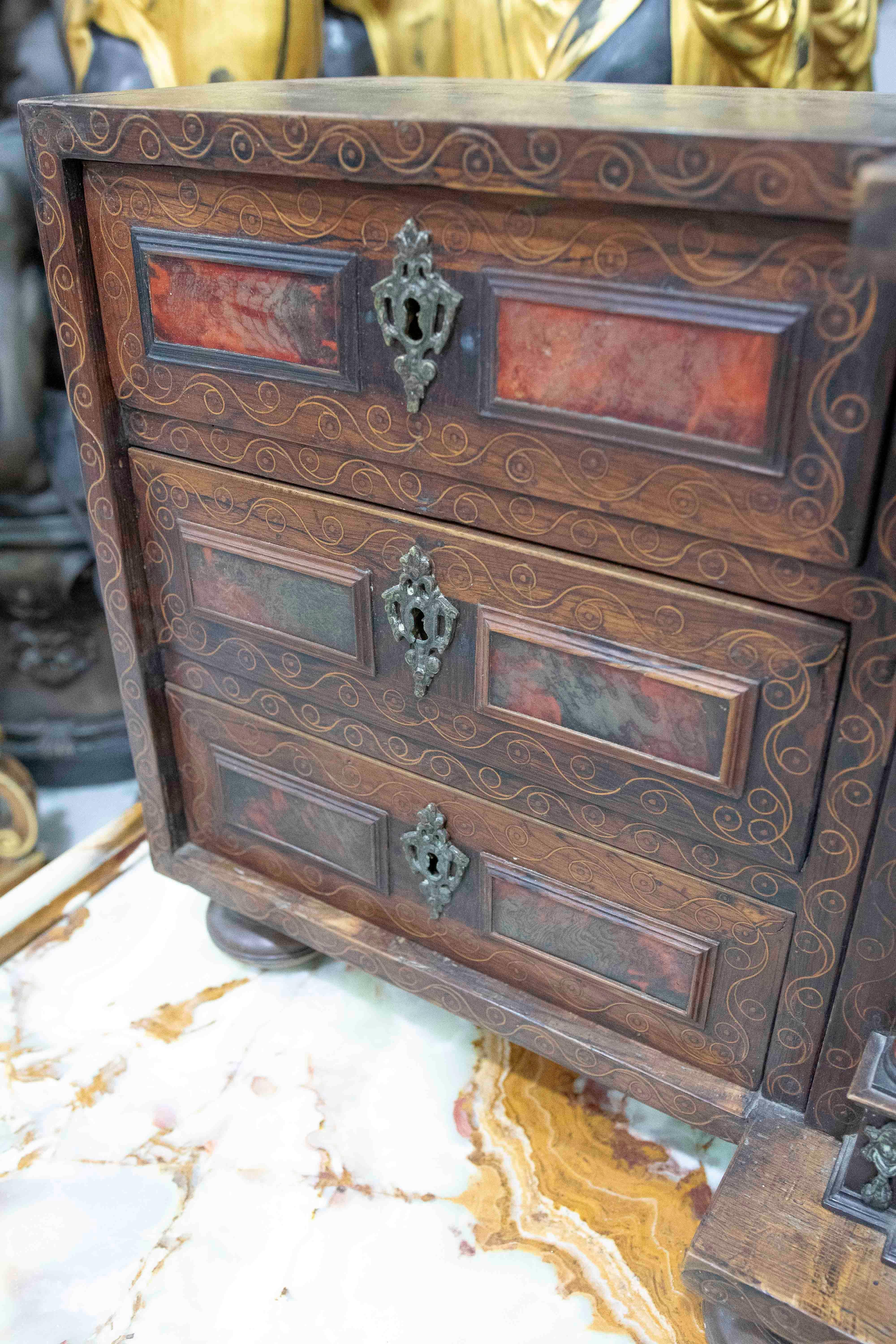 18th Antique Spanish Wooden Chest with Inlays and a Central Chapel For Sale 10