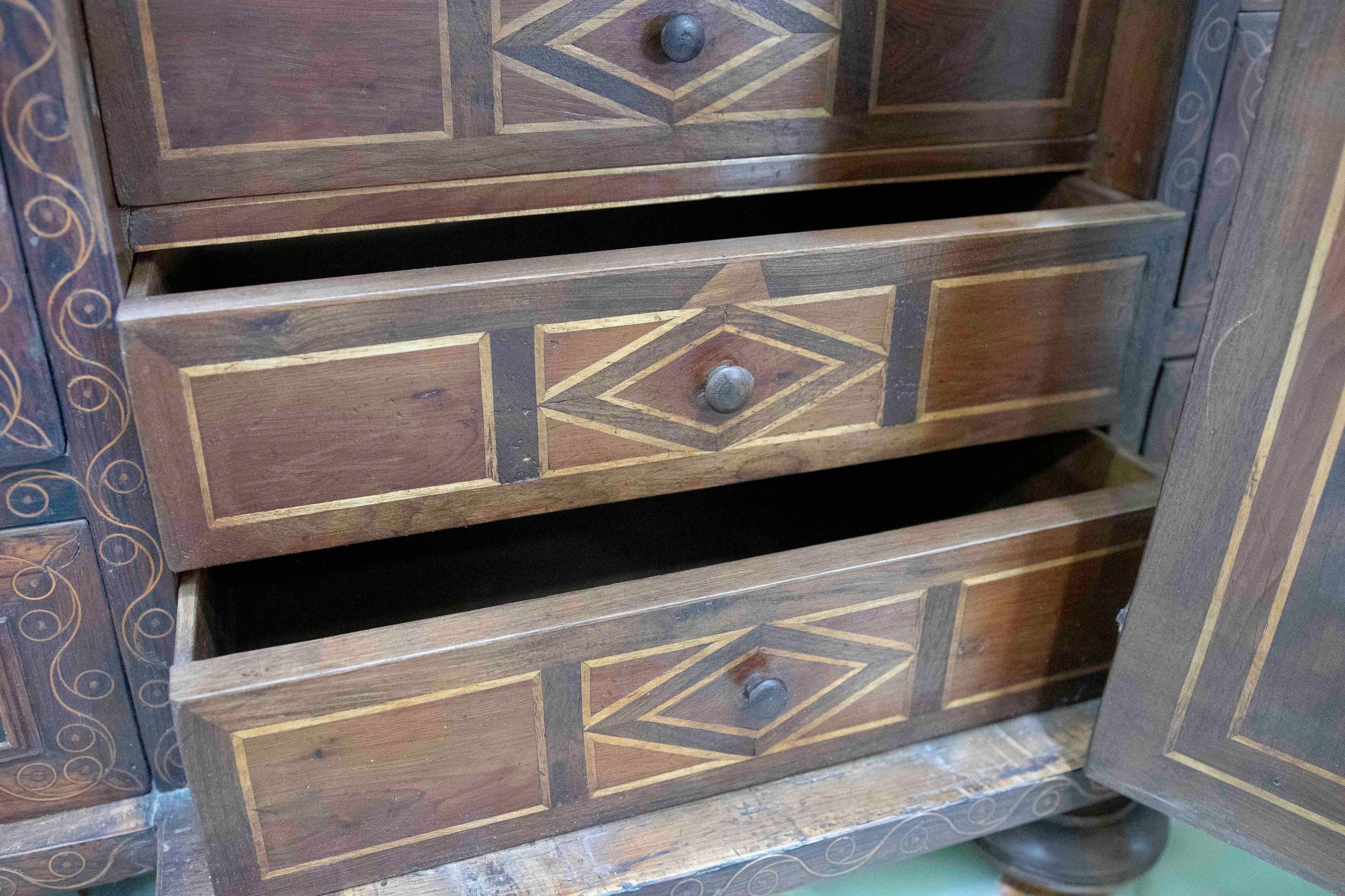 18th Century and Earlier 18th Antique Spanish Wooden Chest with Inlays and a Central Chapel For Sale