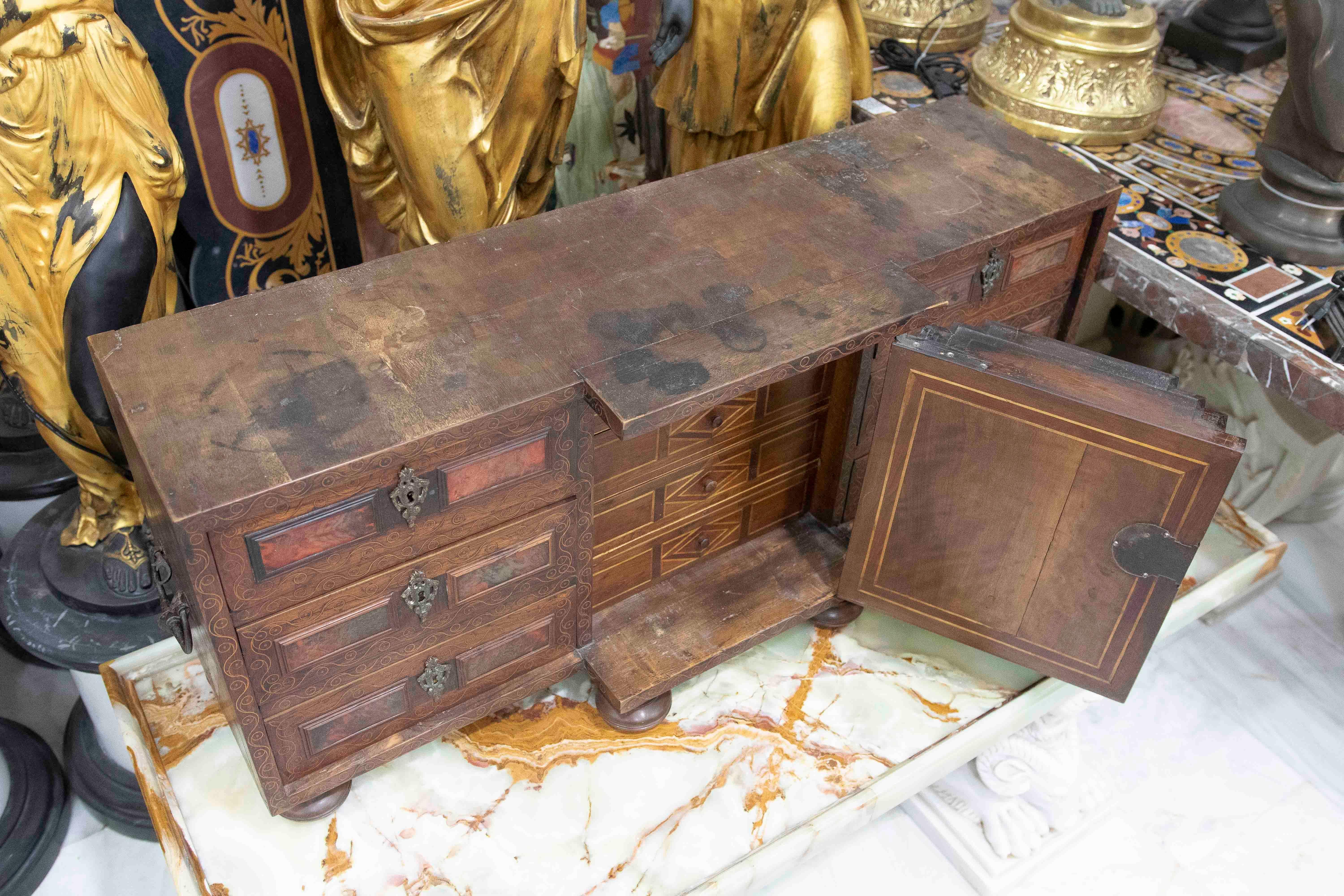 18th Antique Spanish Wooden Chest with Inlays and a Central Chapel For Sale 2