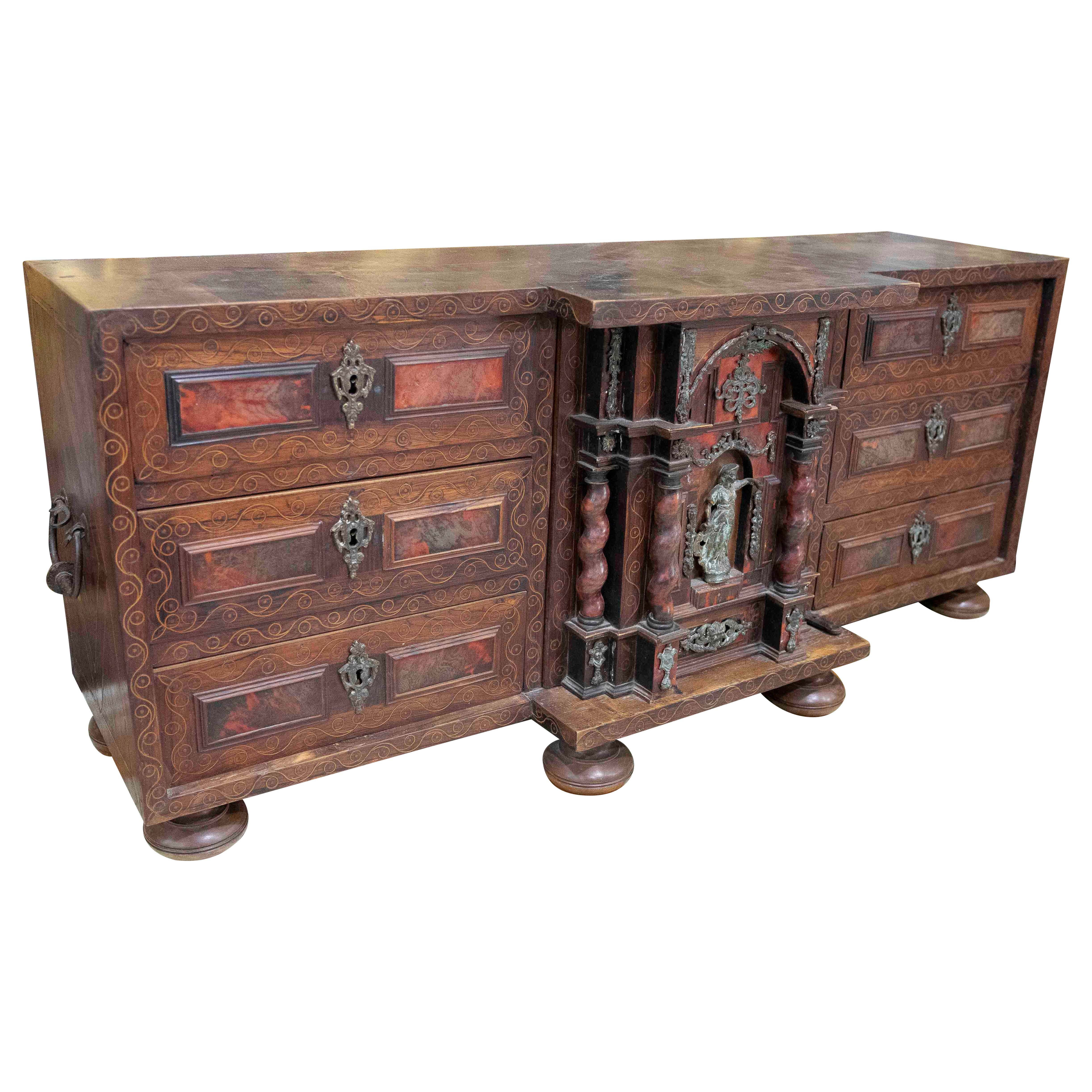 18th Antique Spanish Wooden Chest with Inlays and a Central Chapel For Sale