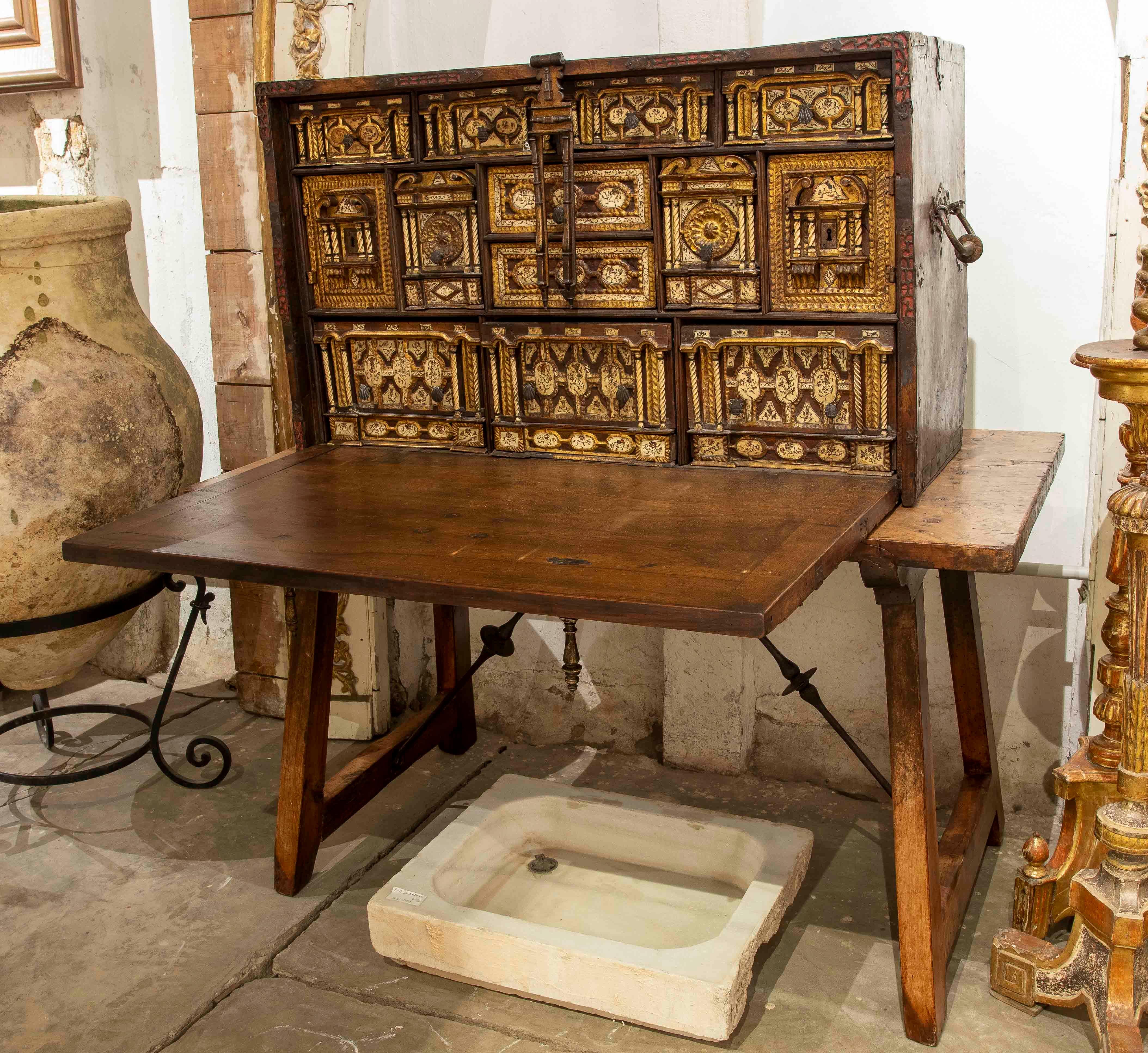 Spanish 18th Bargas-style Bargueño Desk with a 19th Century Bridge Table For Sale