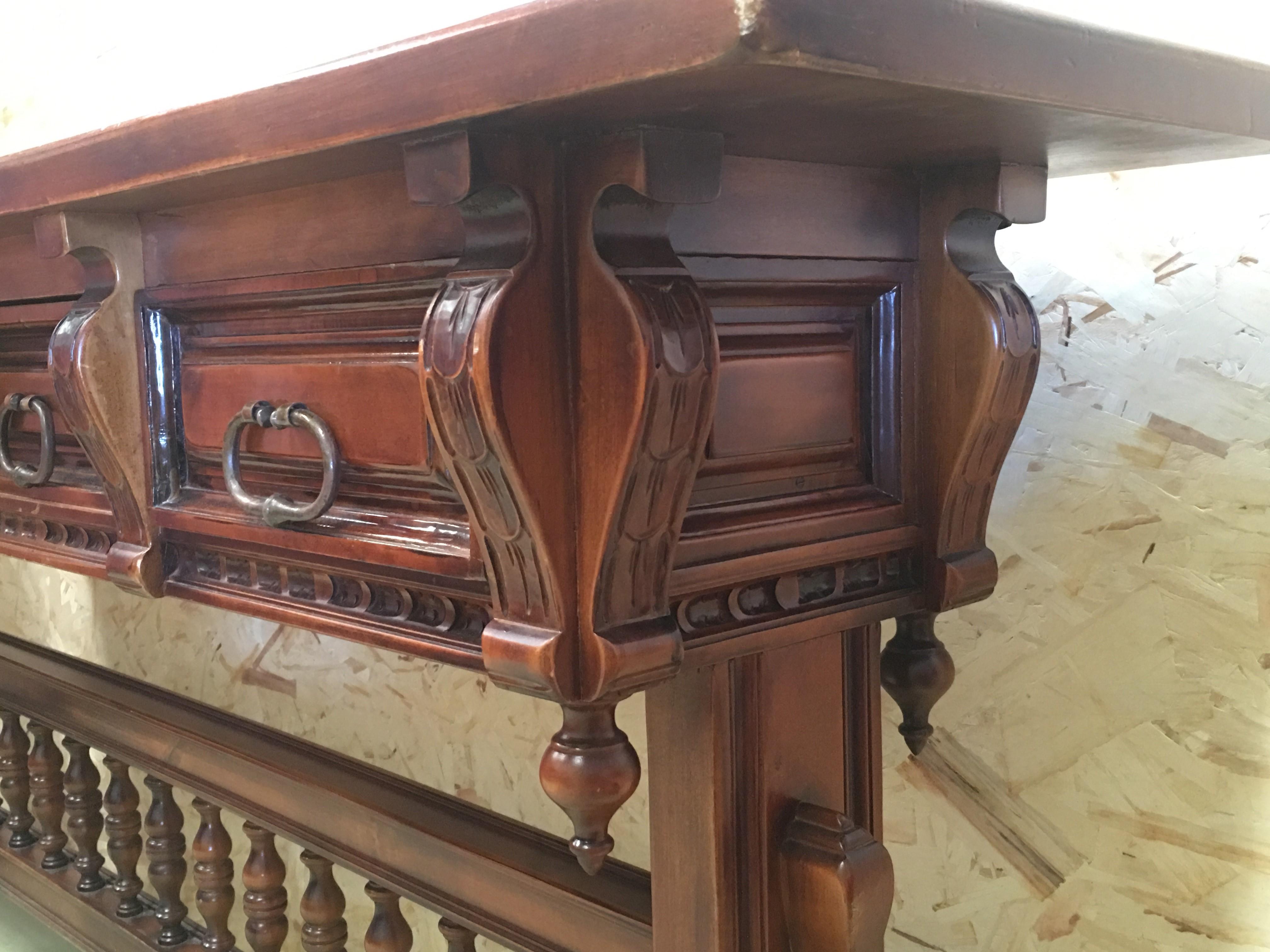 18th Baroque Console Table in Walnut with Four Carved Drawers and Stretcher 2