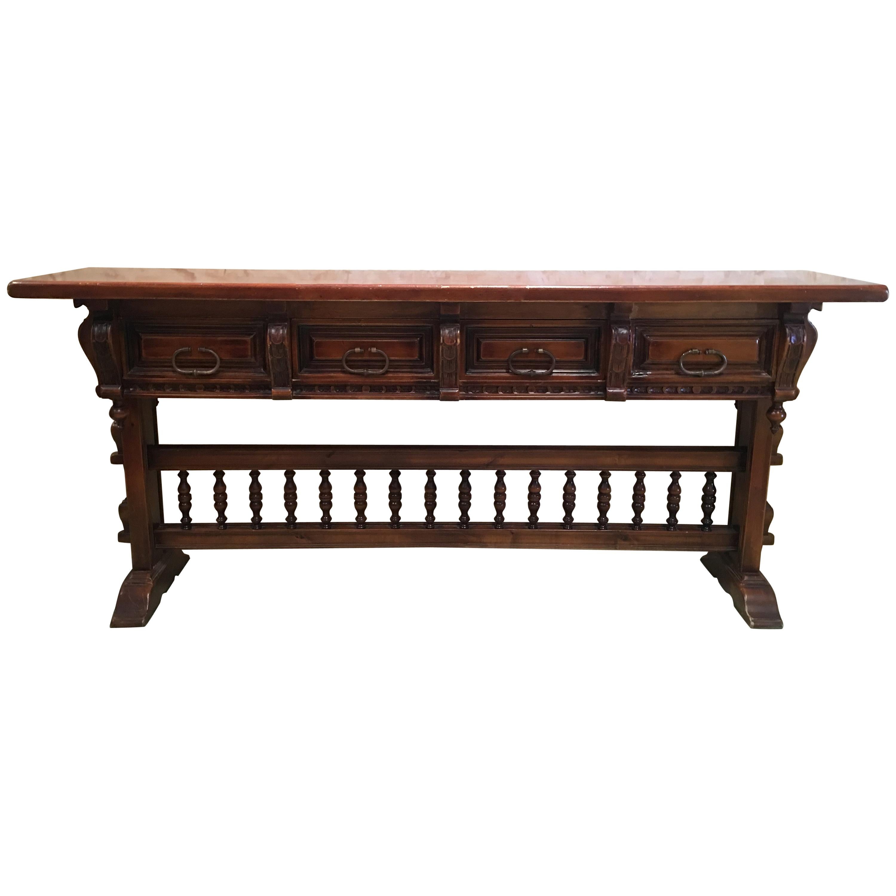 18th Baroque Console Table in Walnut with Four Carved Drawers and Stretcher
