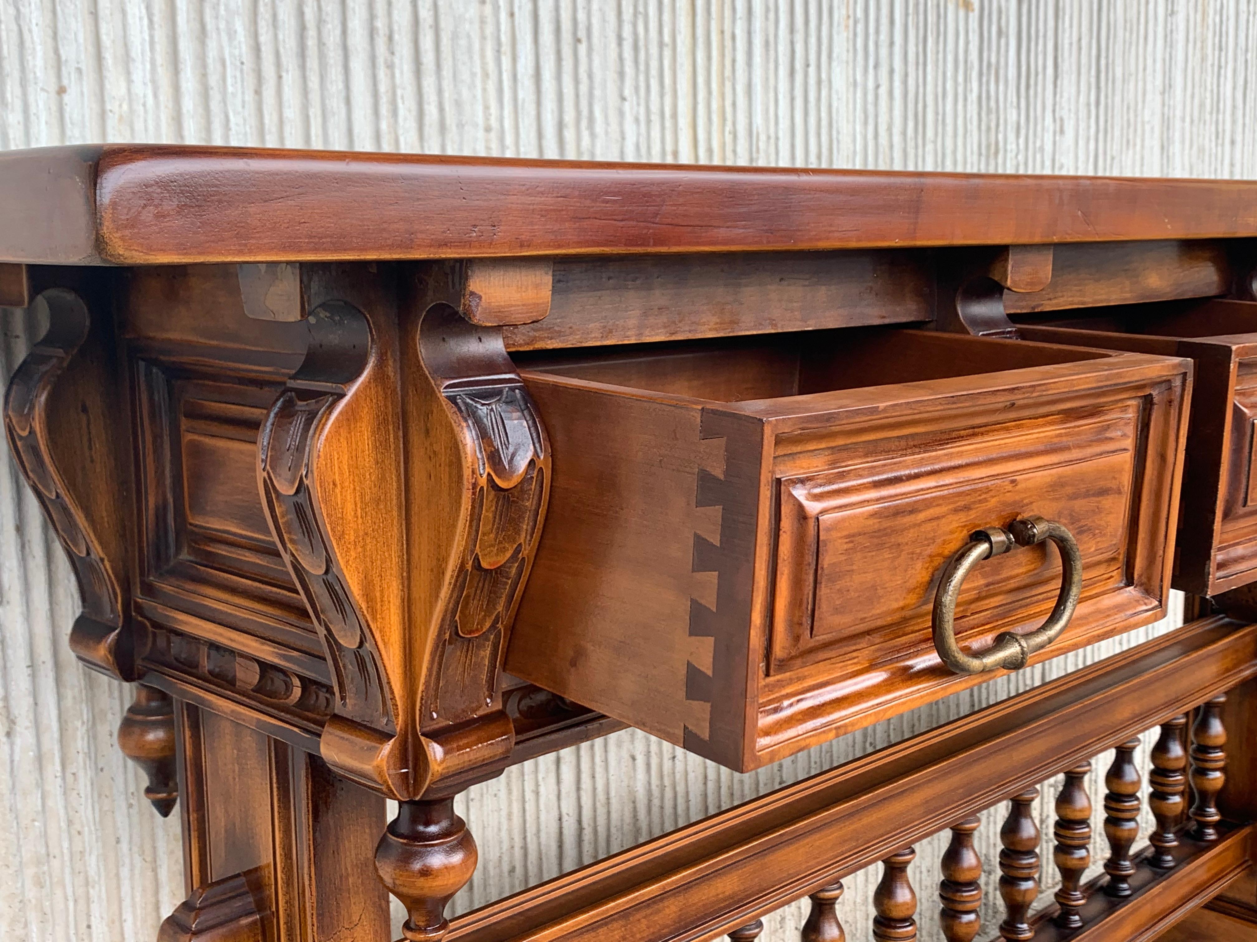 Baroque Console Table in Walnut with Three Carved Drawers and Stretcher For Sale 7