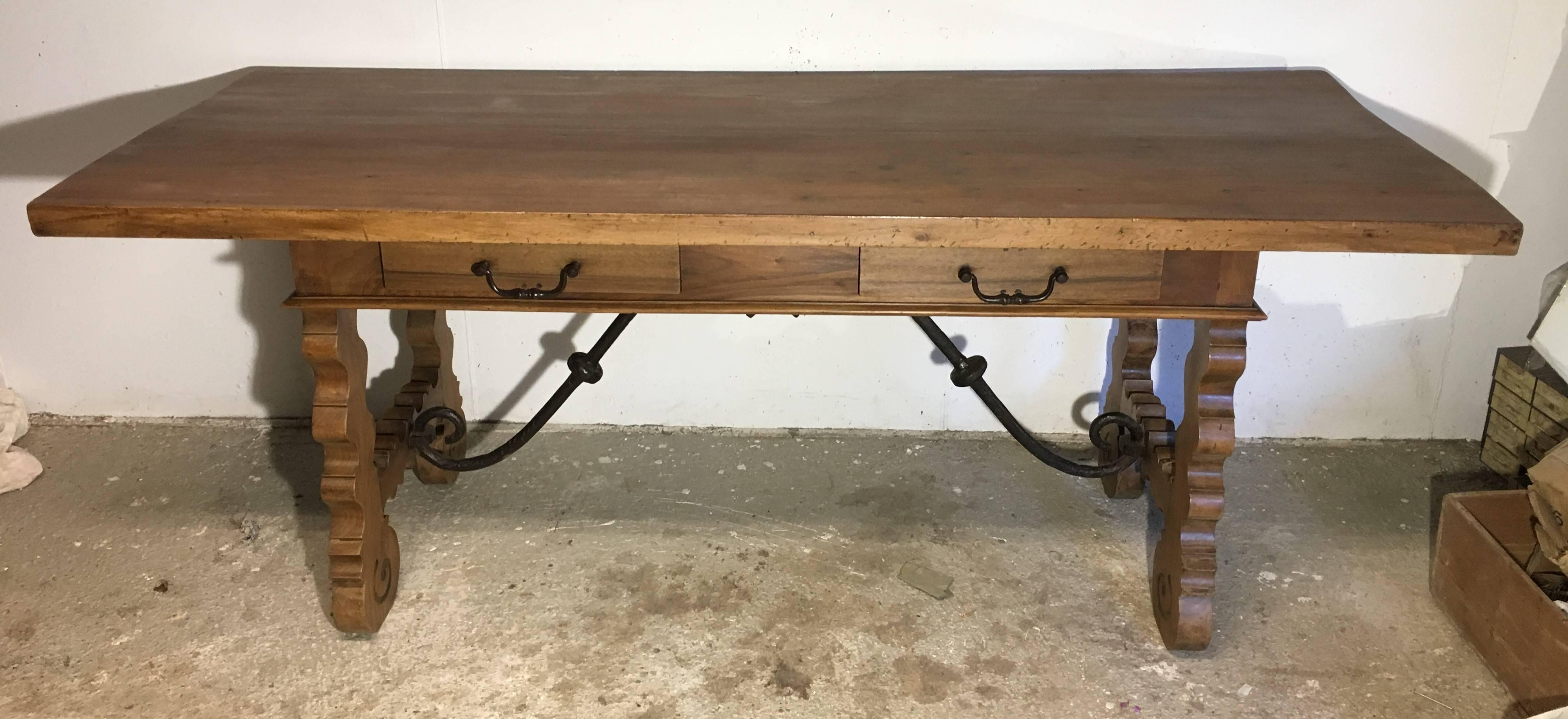 Spanish 18th Century Baroque Farm Refectory Desk Table with Two Drawers & Stretchers For Sale