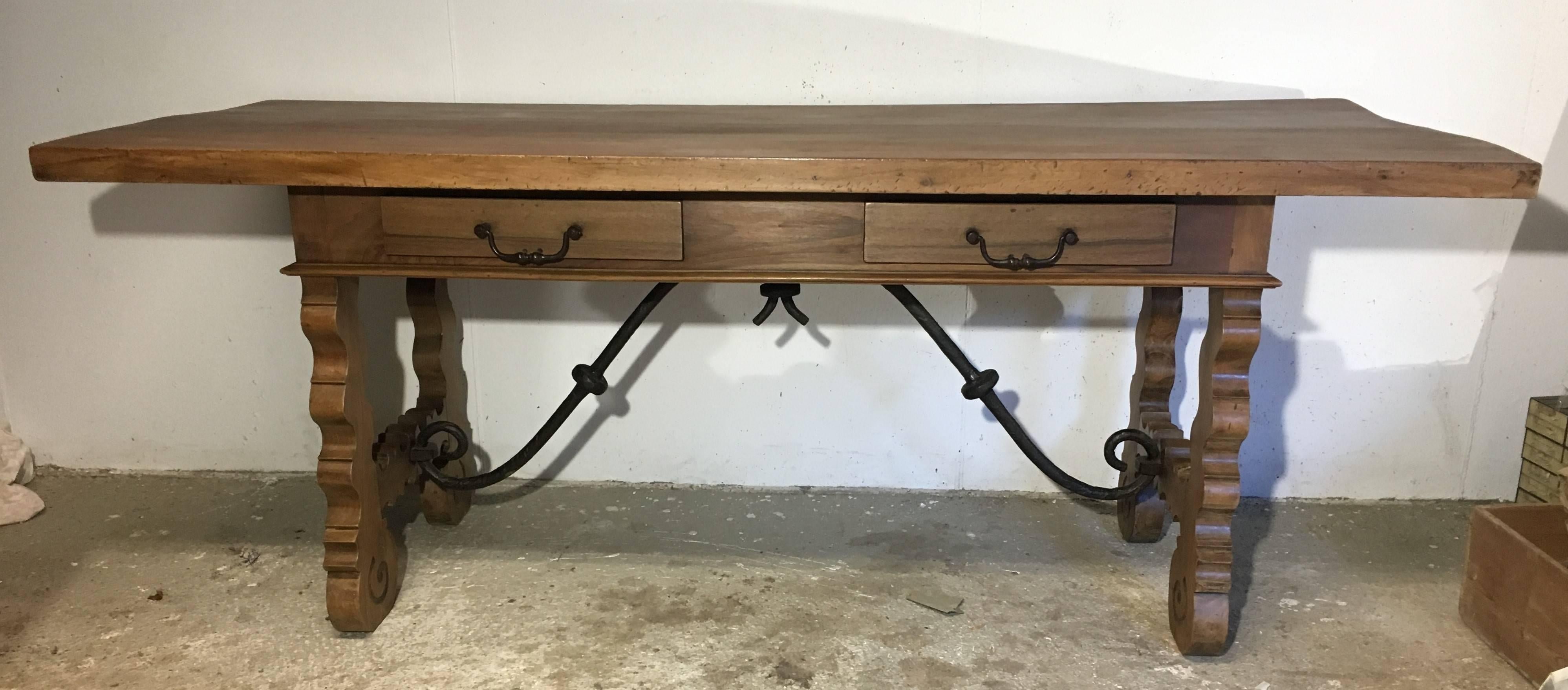 Iron 18th Century Baroque Farm Refectory Desk Table with Two Drawers & Stretchers For Sale