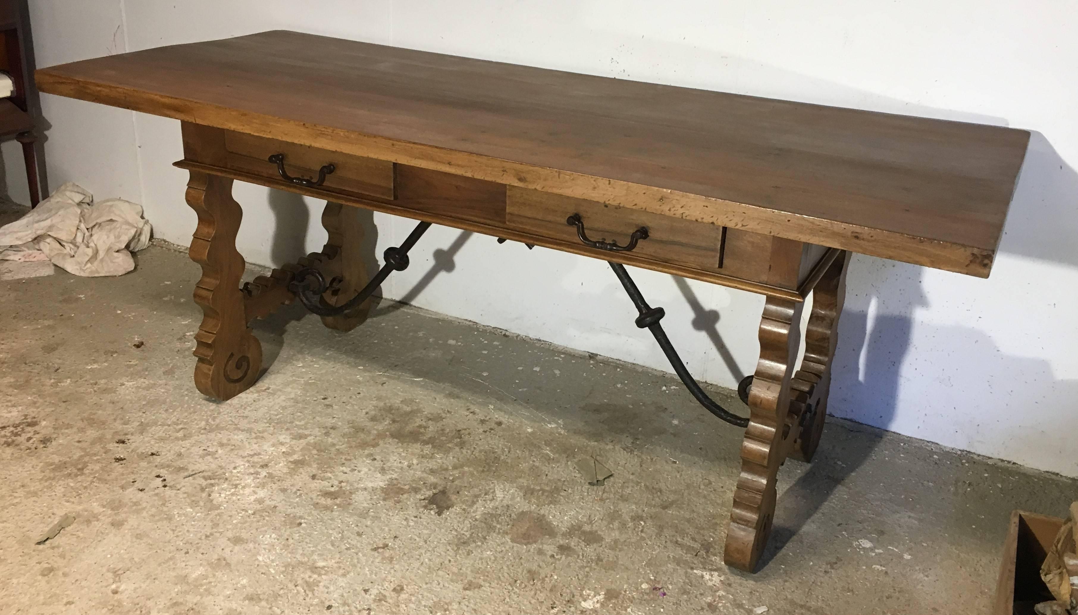18th Century Baroque Farm Refectory Desk Table with Two Drawers & Stretchers For Sale 1