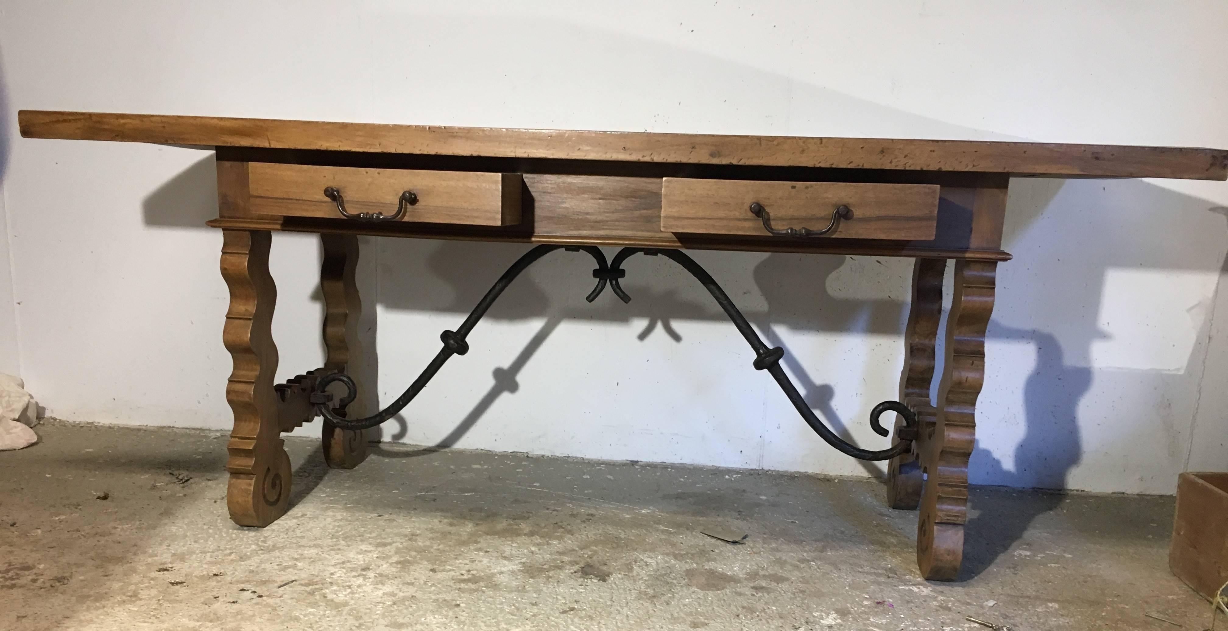 18th Century Baroque Farm Refectory Desk Table with Two Drawers & Stretchers For Sale 3