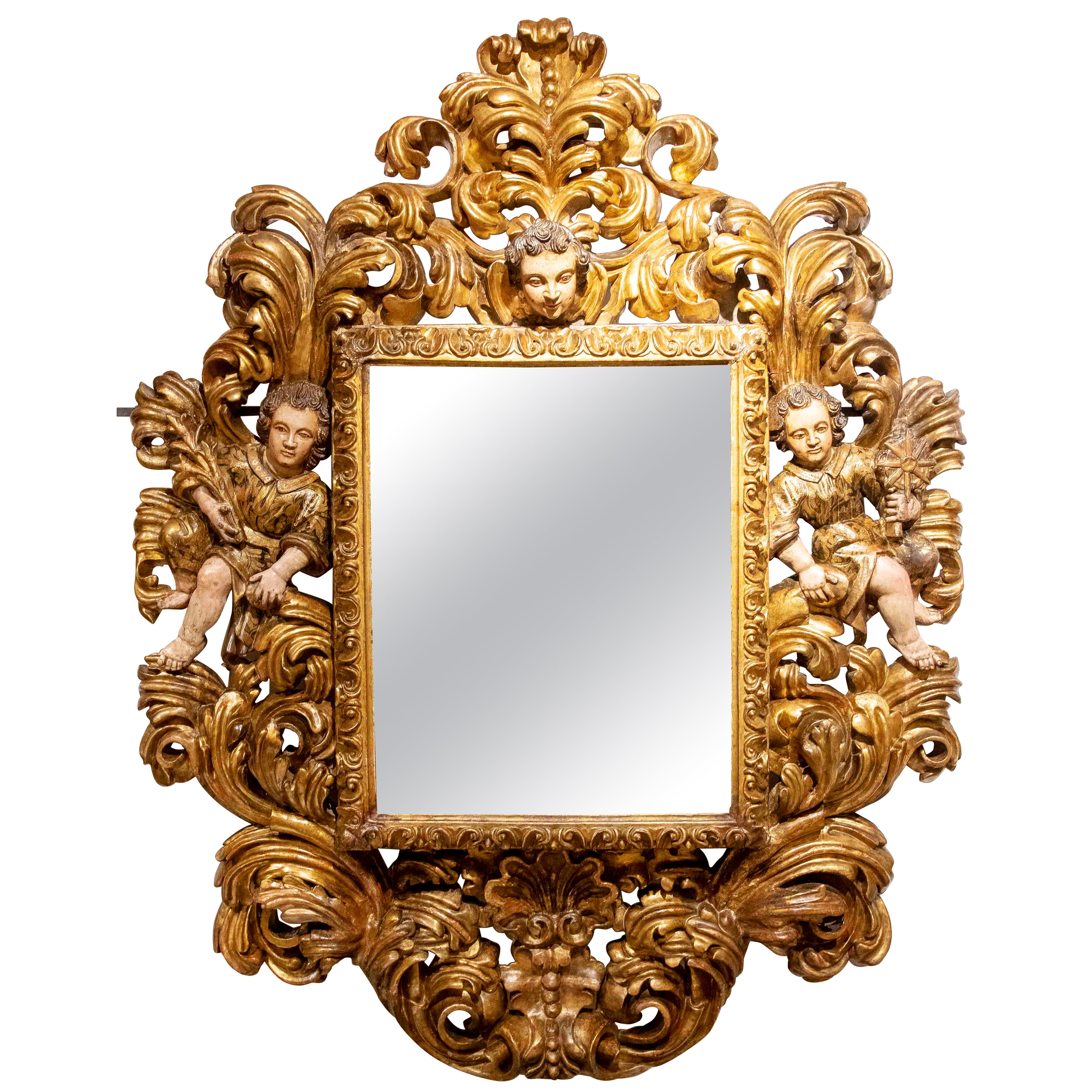 18th Baroque Sacristy Mirror Carved in Gilded Wood with Angels