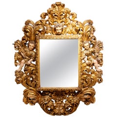 18th Baroque Sacristy Mirror Carved in Gilded Wood with Angels