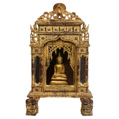18th C., A Set of Antique Burmese Bronze Seated Buddha Statue and Wooden Cabinet
