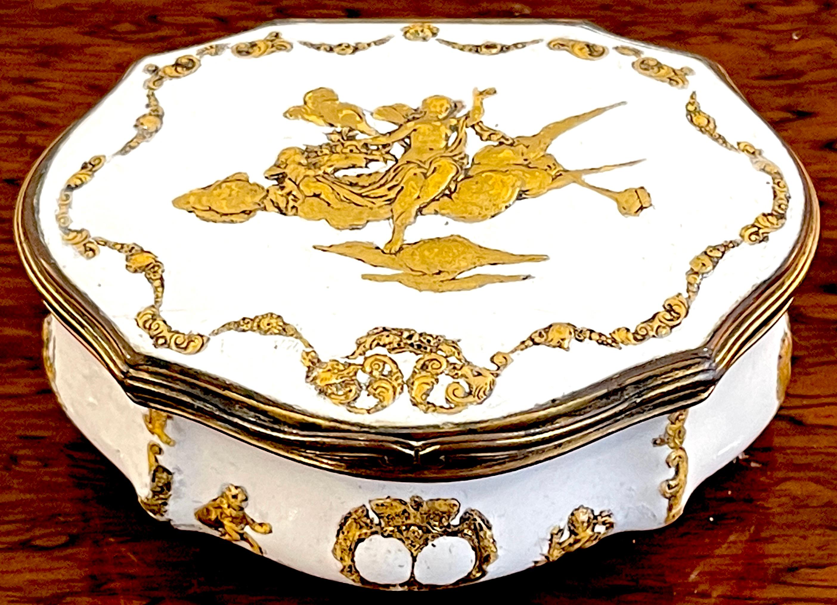 18th C Brass-Mounted Allegorical Motif Enamel Snuff Box,  Attributed to the Fromery Workshop
The Cartouche-shaped bombe box, the hinged lid applied with raised gilt enamel relief of allegorical figurers in landscape, the sides and base decorated