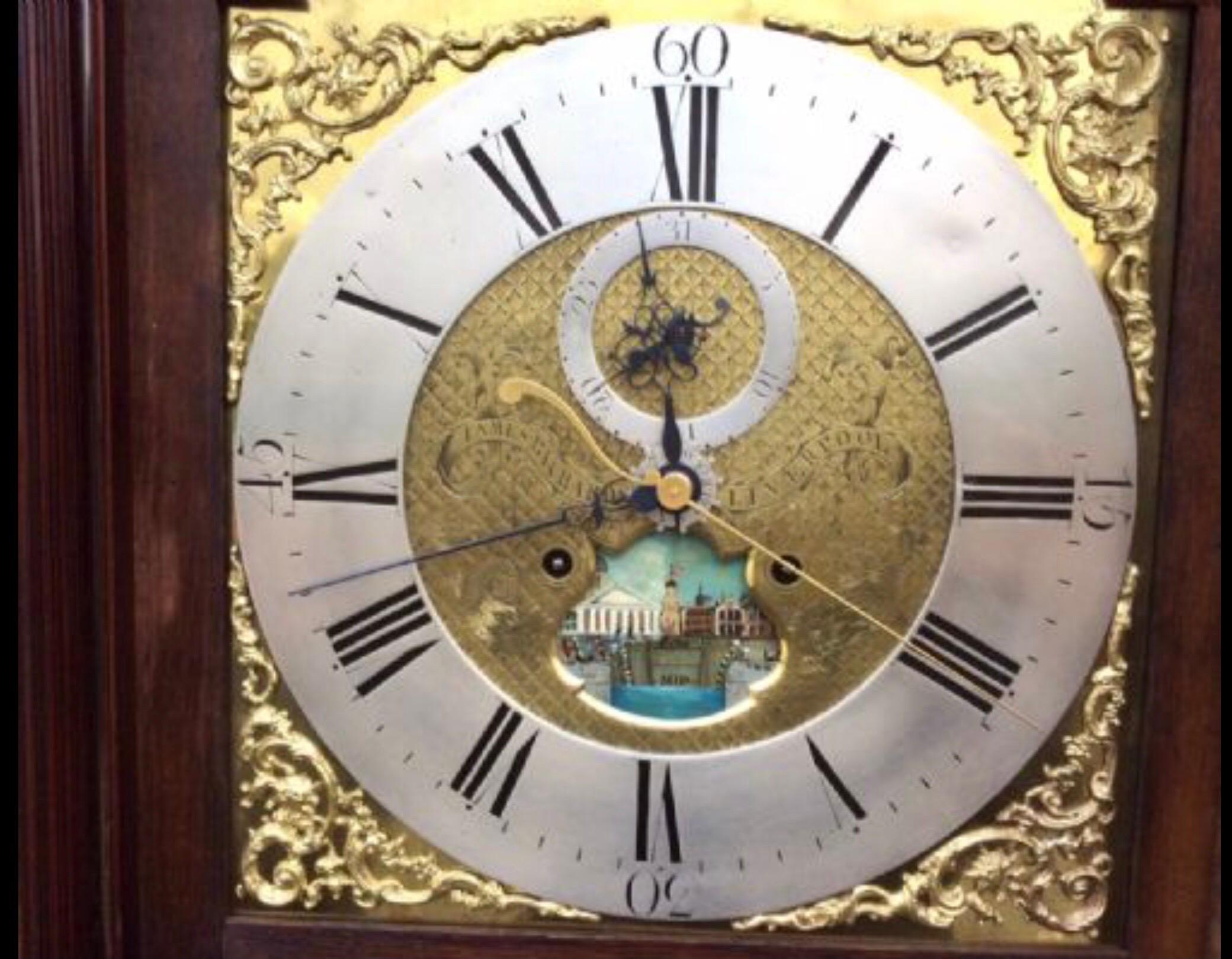 18th C Antique Longcase Grandfather Mahogany Tidal Dial Clock by James Richards For Sale 3