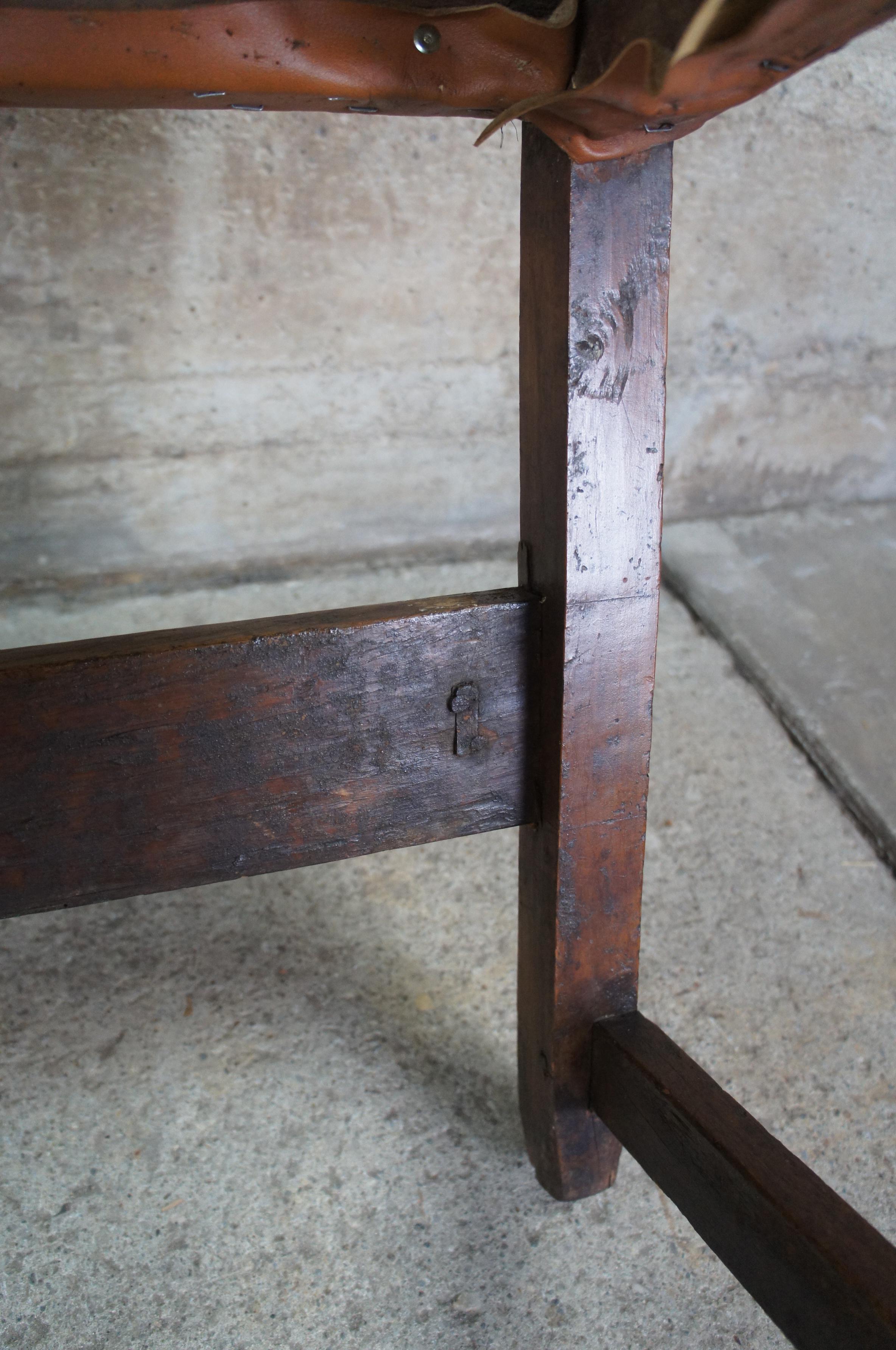 18th C. Antique Spanish Colonial Oak Leather Nailhead Friars Throne Arm Chair 6