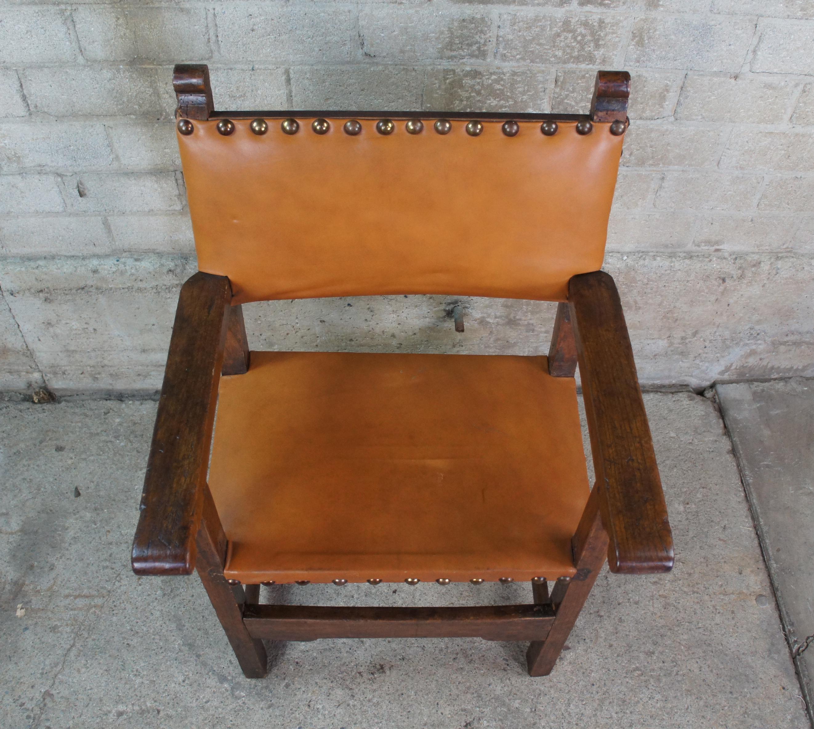 18th Century 18th C. Antique Spanish Colonial Oak Leather Nailhead Friars Throne Arm Chair