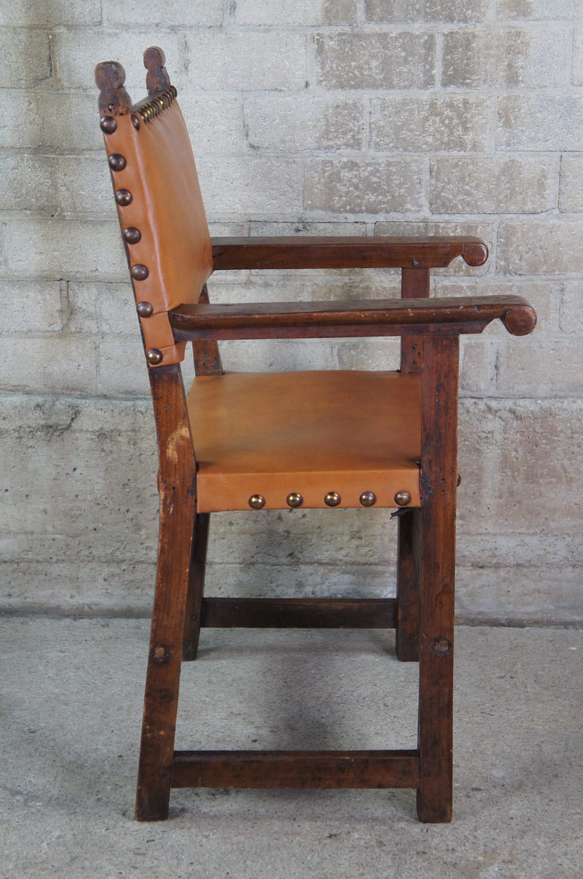 18th C. Antique Spanish Colonial Oak Leather Nailhead Friars Throne Arm Chair 1