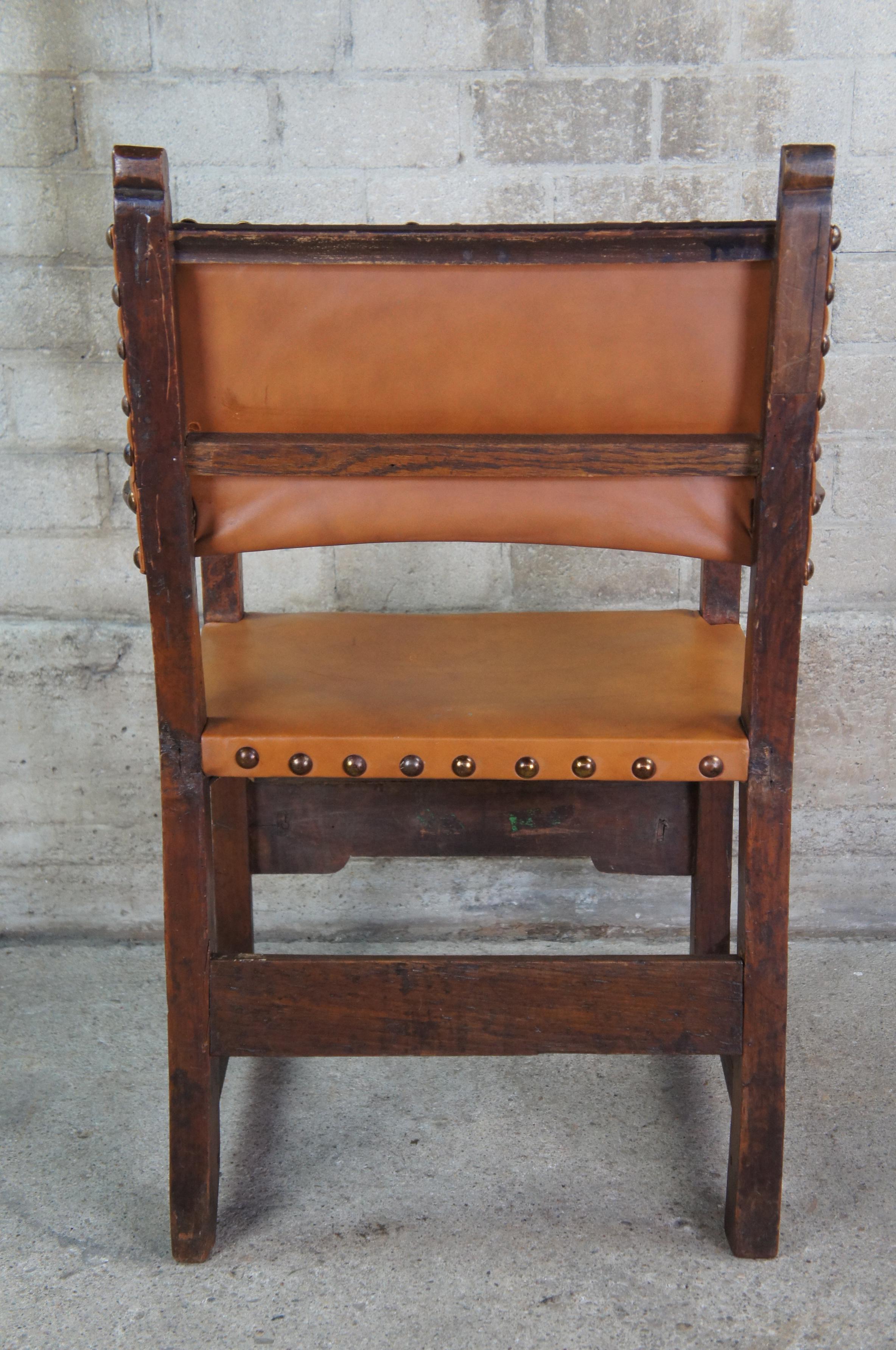 18th C. Antique Spanish Colonial Oak Leather Nailhead Friars Throne Arm Chair 2
