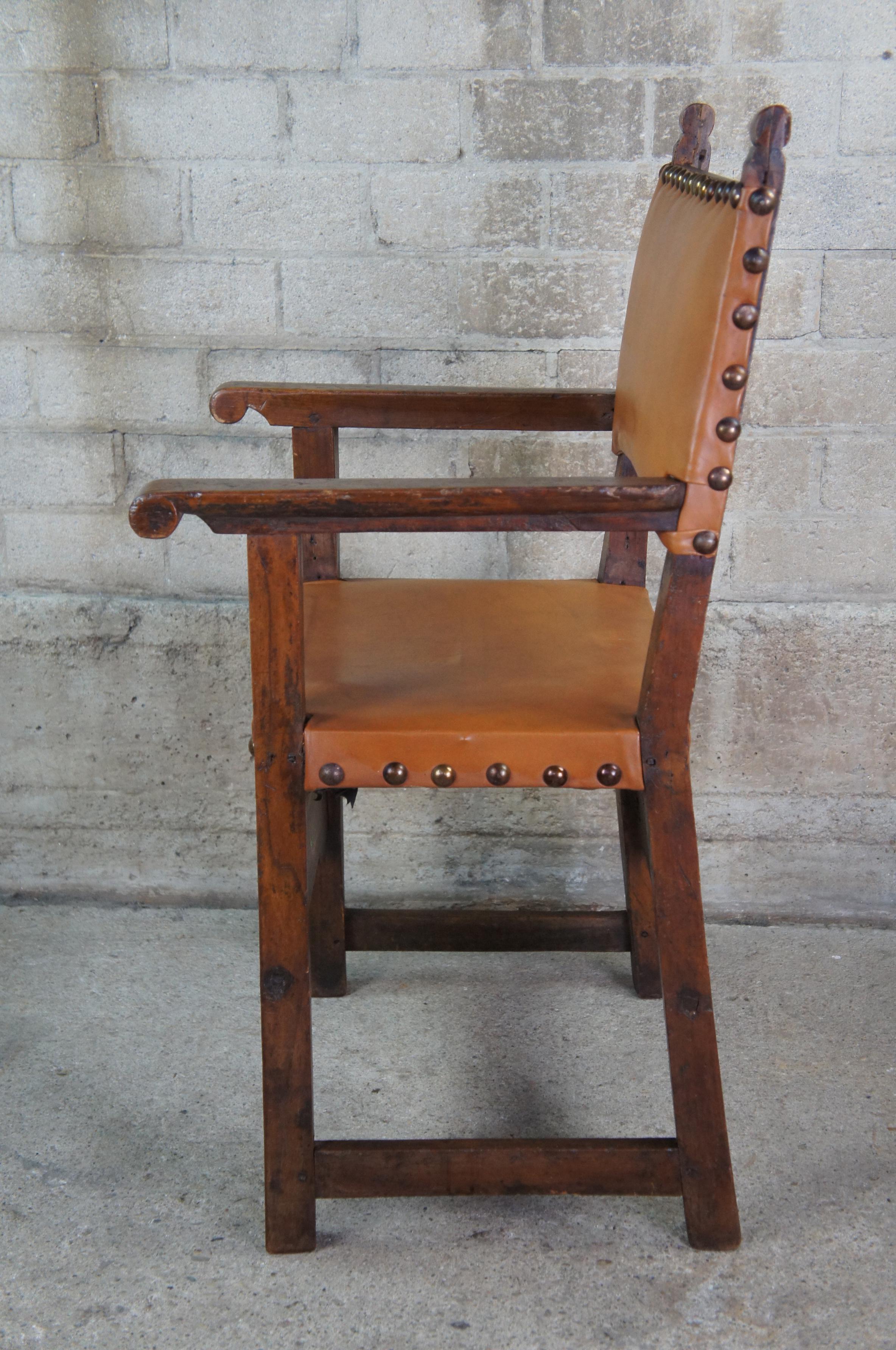 18th C. Antique Spanish Colonial Oak Leather Nailhead Friars Throne Arm Chair 3