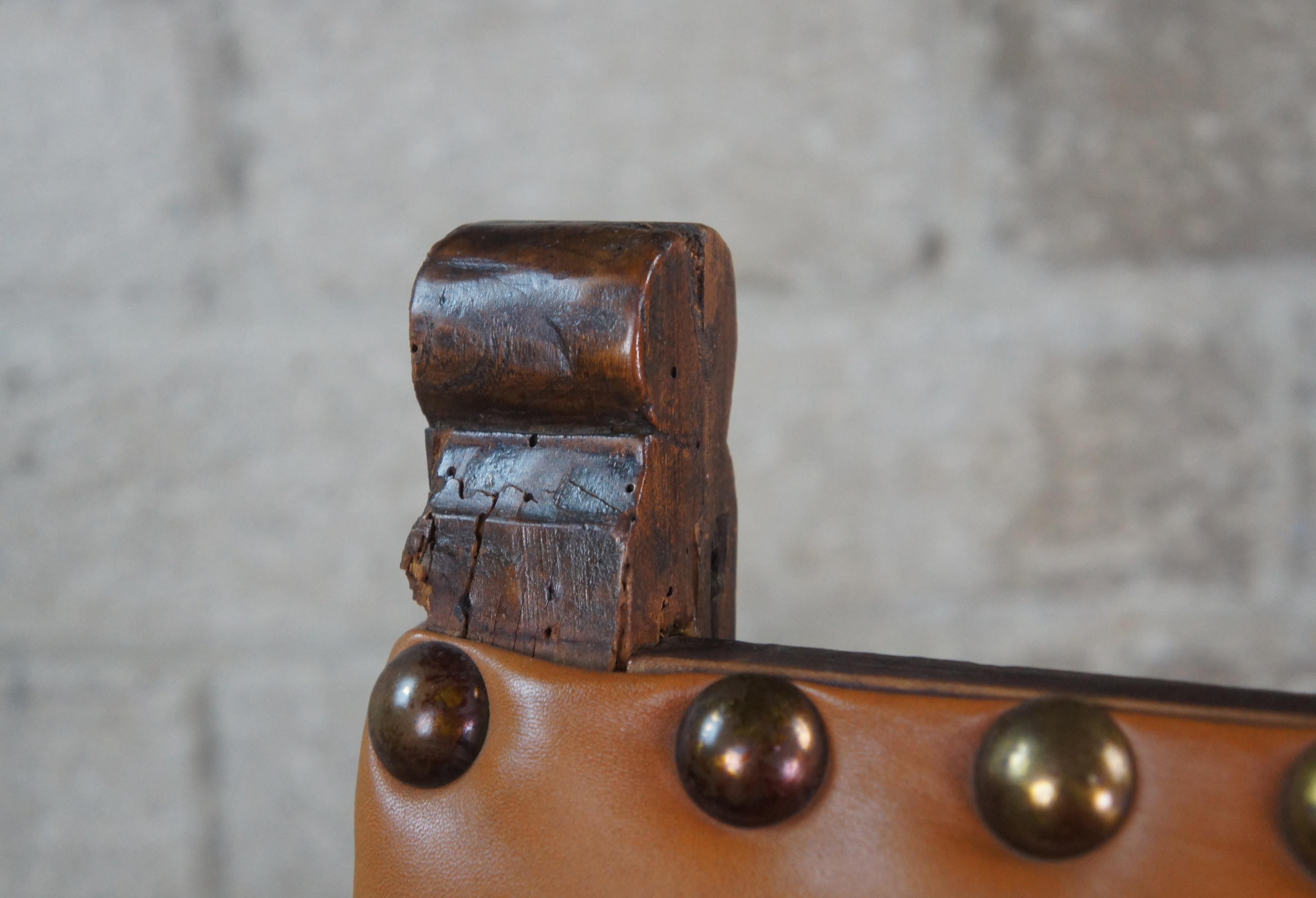 18th C. Antique Spanish Colonial Oak Leather Nailhead Friars Throne Arm Chair 4