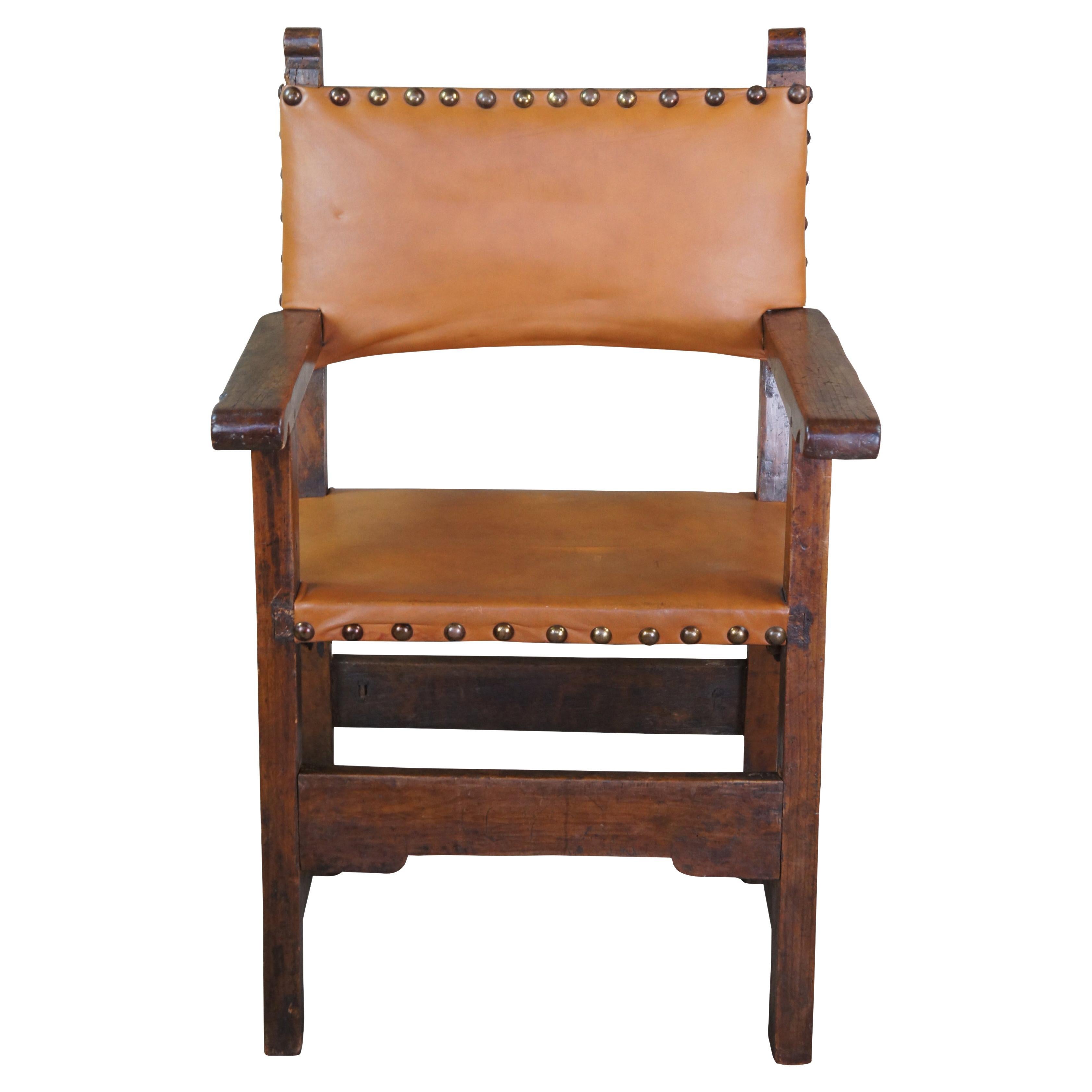 18th C. Antique Spanish Colonial Oak Leather Nailhead Friars Throne Arm Chair