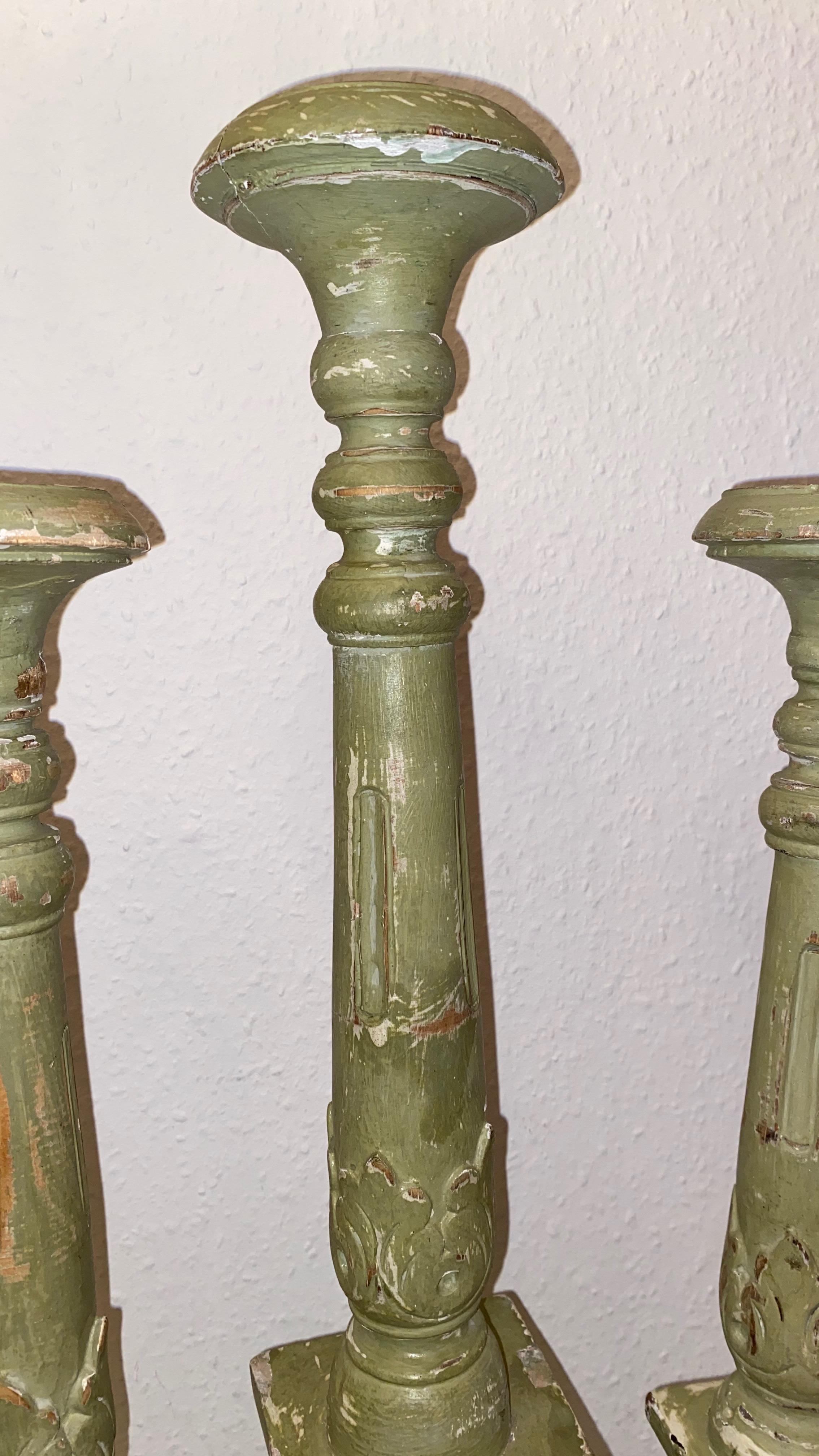 18th Century Austrian Carved and Chalkpaint Wood Alter Sticks with Circular Tops For Sale 8