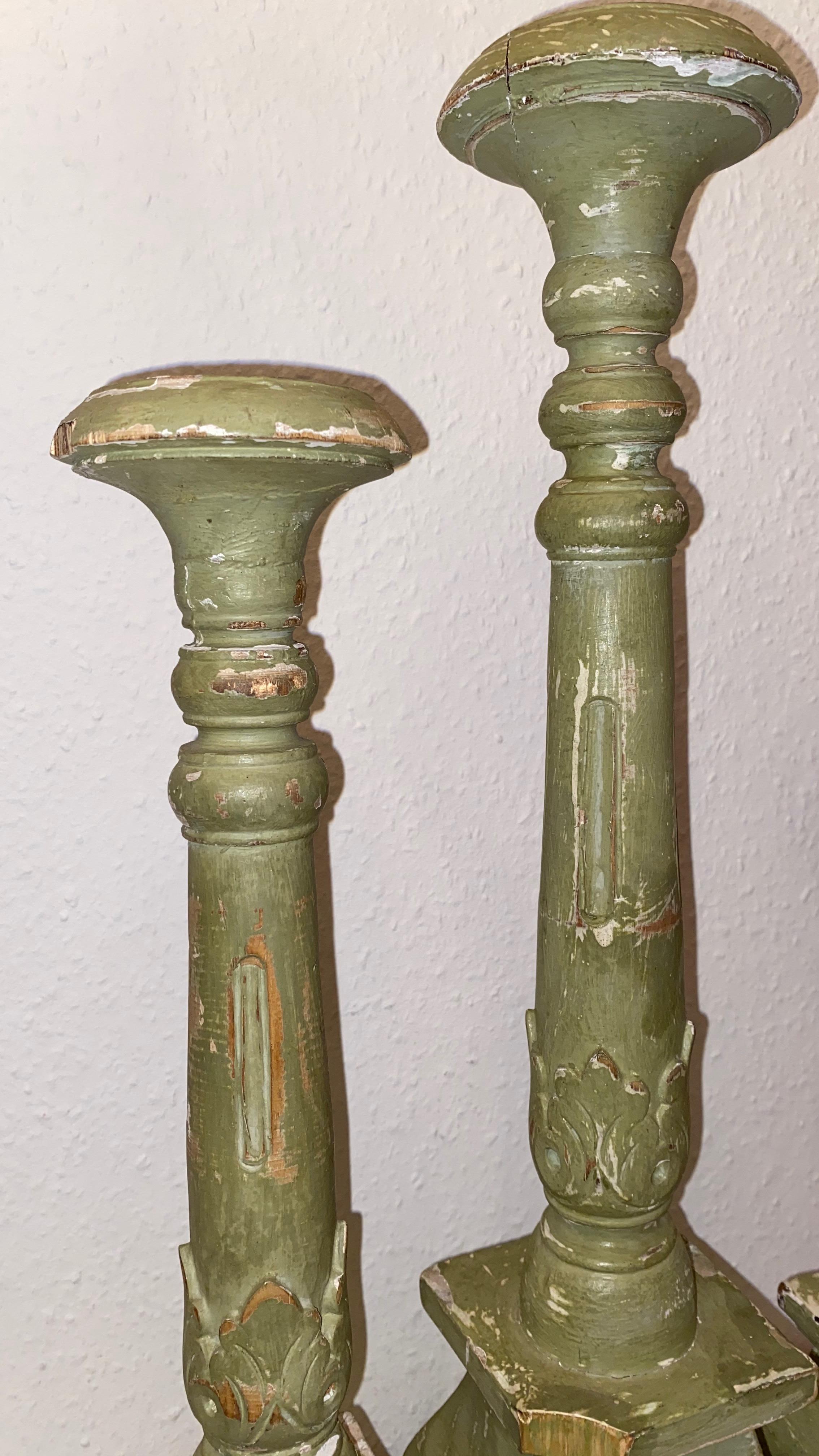 18th Century Austrian Carved and Chalkpaint Wood Alter Sticks with Circular Tops For Sale 9