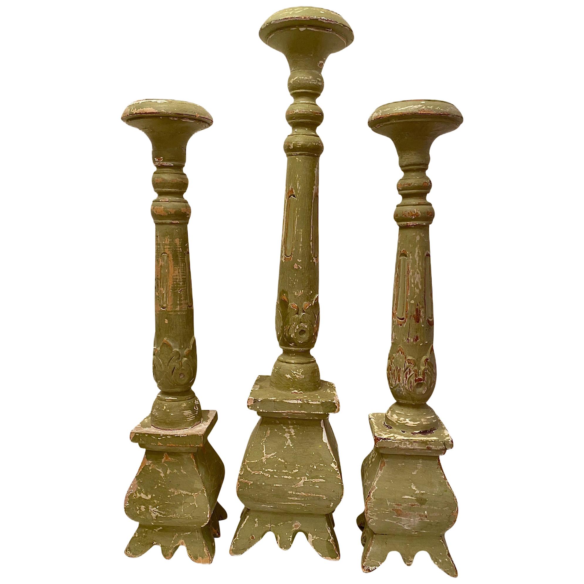18th Century Austrian Carved and Chalkpaint Wood Alter Sticks with Circular Tops For Sale