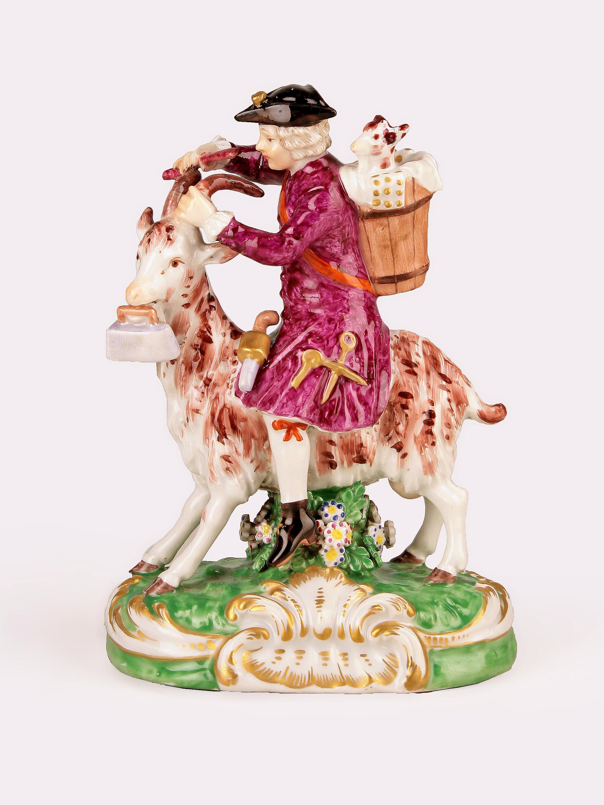 18th century Baroque/Rococo english glazed painted porcelain of a goat-riding tailor by Chelsea Pottery

By: Chelsea Pottery, Meissen Porcelain (in the style of)
Material: porcelain, ceramic, paint, enamel
Technique: pressed, molded, painted,