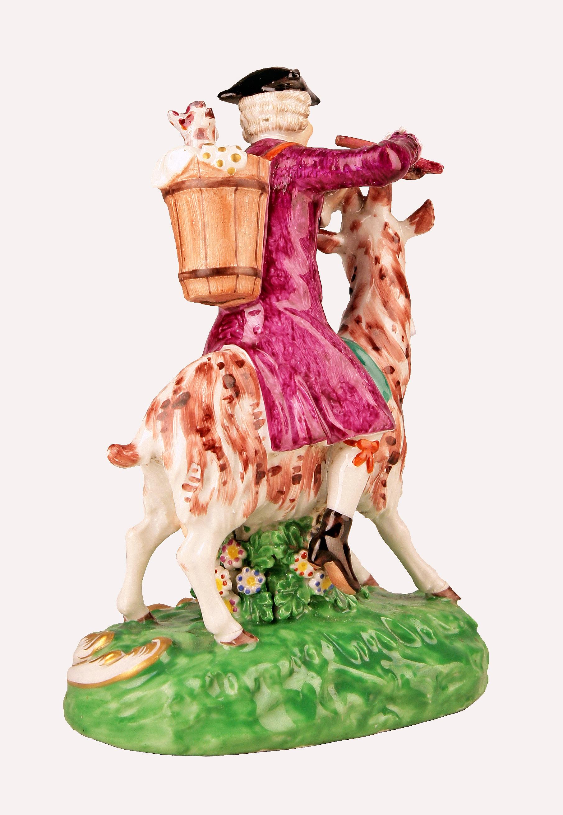 Enameled 18th C. Baroque/Rococo English Goat-Riding Tailor Porcelain by Chelsea Pottery For Sale