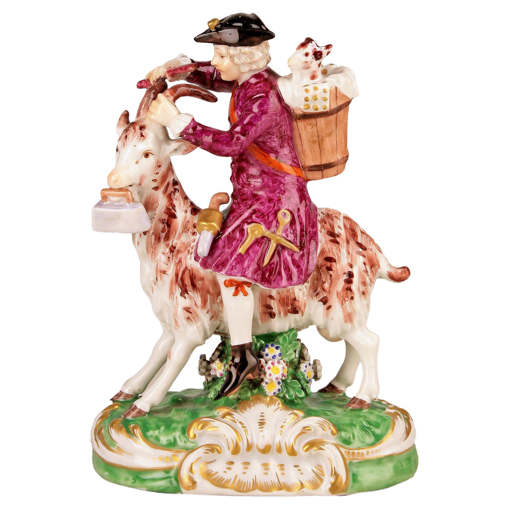 18th C. Baroque/Rococo English Goat-Riding Tailor Porcelain by Chelsea Pottery For Sale
