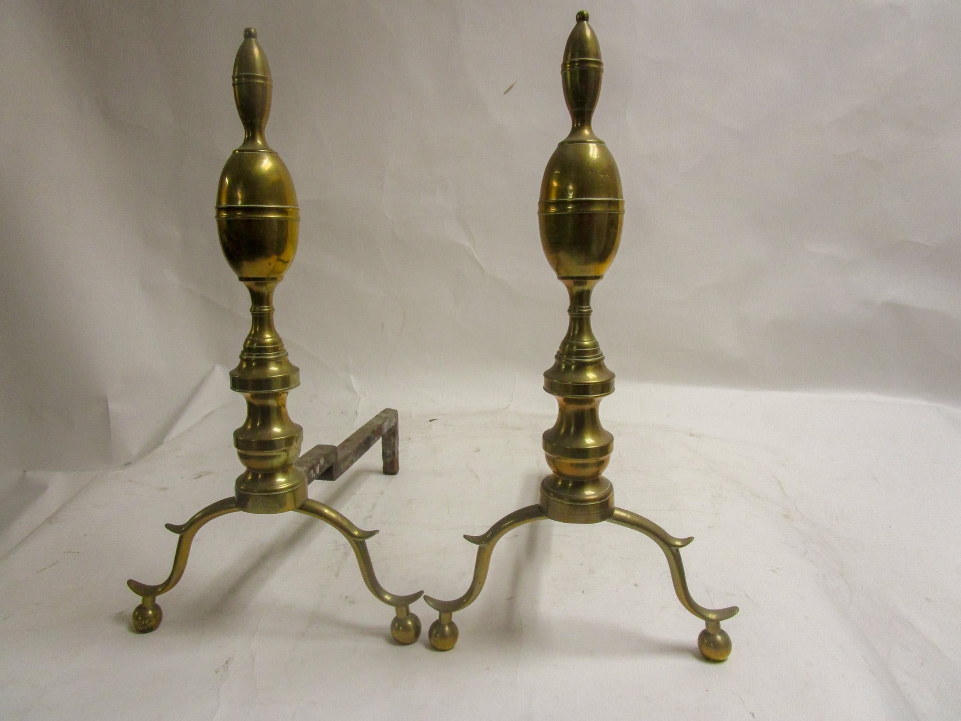 18th c Brass American Chippendale Lemon Drop Top Andiron Firedog Pair For Sale 5