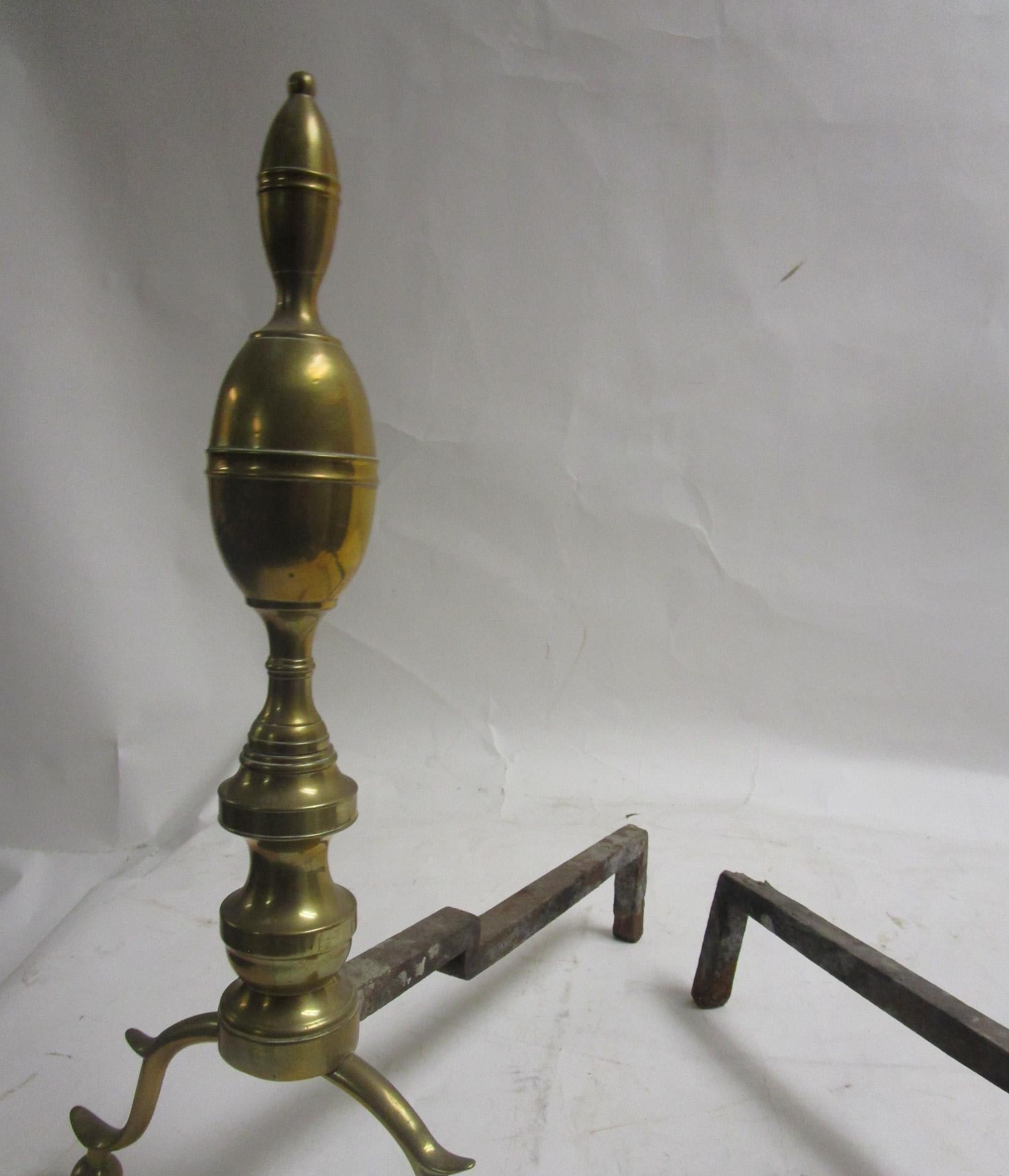 18th c Brass American Chippendale Lemon Drop Top Andiron Firedog Pair For Sale 1