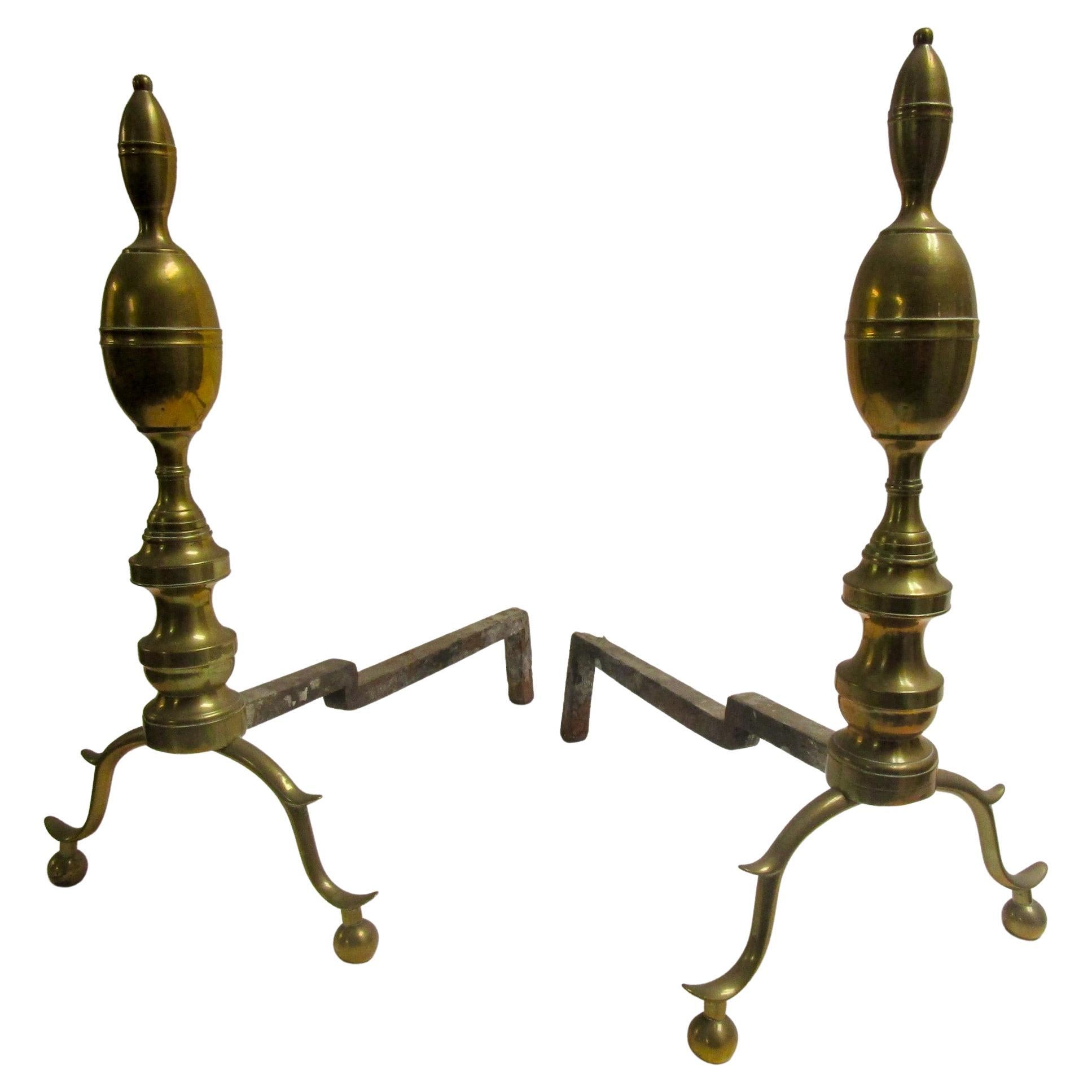 18th c Brass American Chippendale Lemon Drop Top Andiron Firedog Pair For Sale