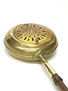 18th Century Brass Bedpan with Original Dark Oak Wooden Turned Steel