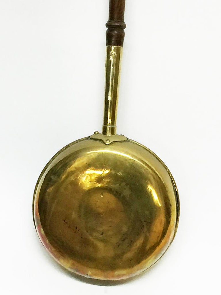 18th Century Brass Bedpan with Original Dark Oak Wooden Turned Steel