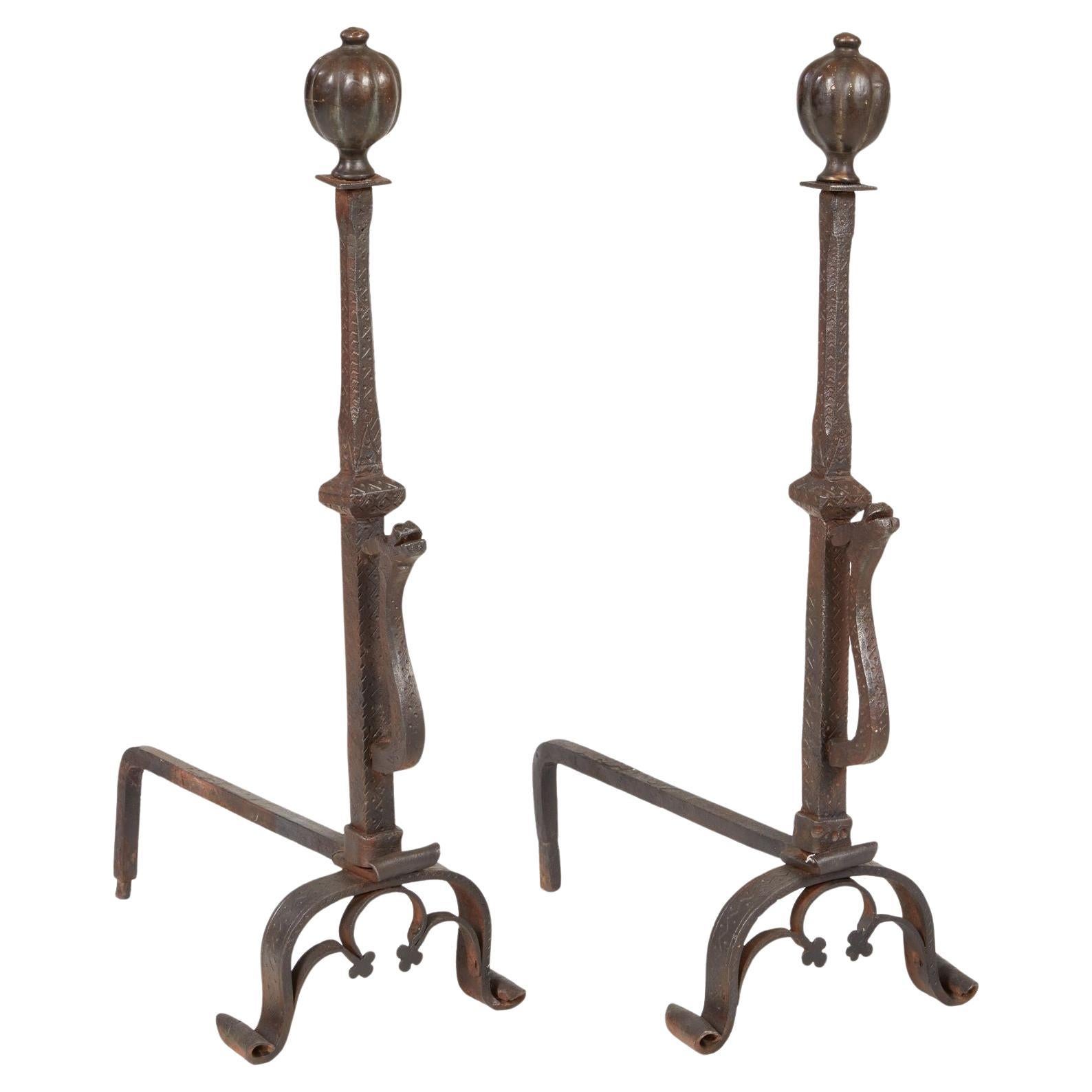 18th c. Bronze and Iron Andirons