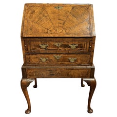 18th c Burled Walnut Slant Top Desk on Frame with Geometric Inlay