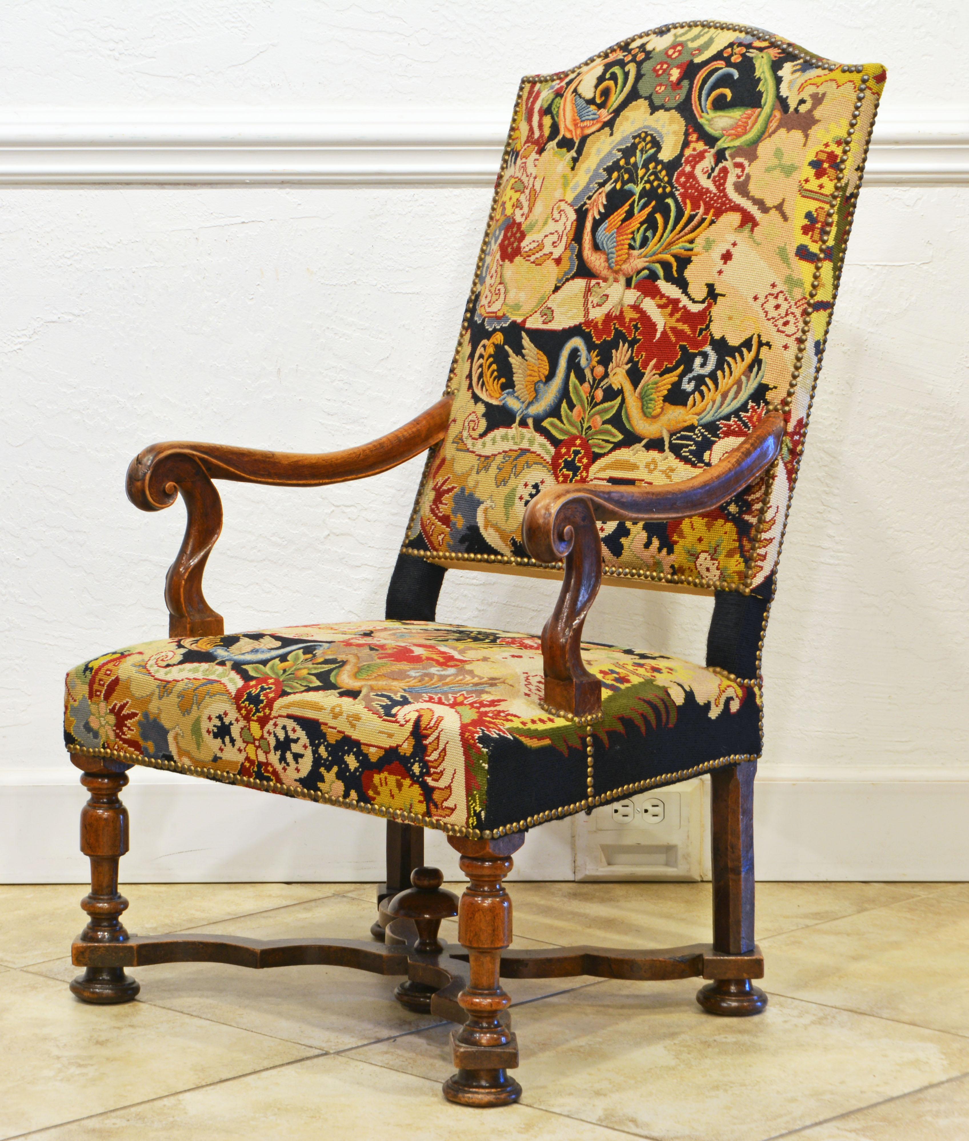 Hand-Carved 18th C. Carved and Needle Point Covered French Provincial Baroque Style Armchair