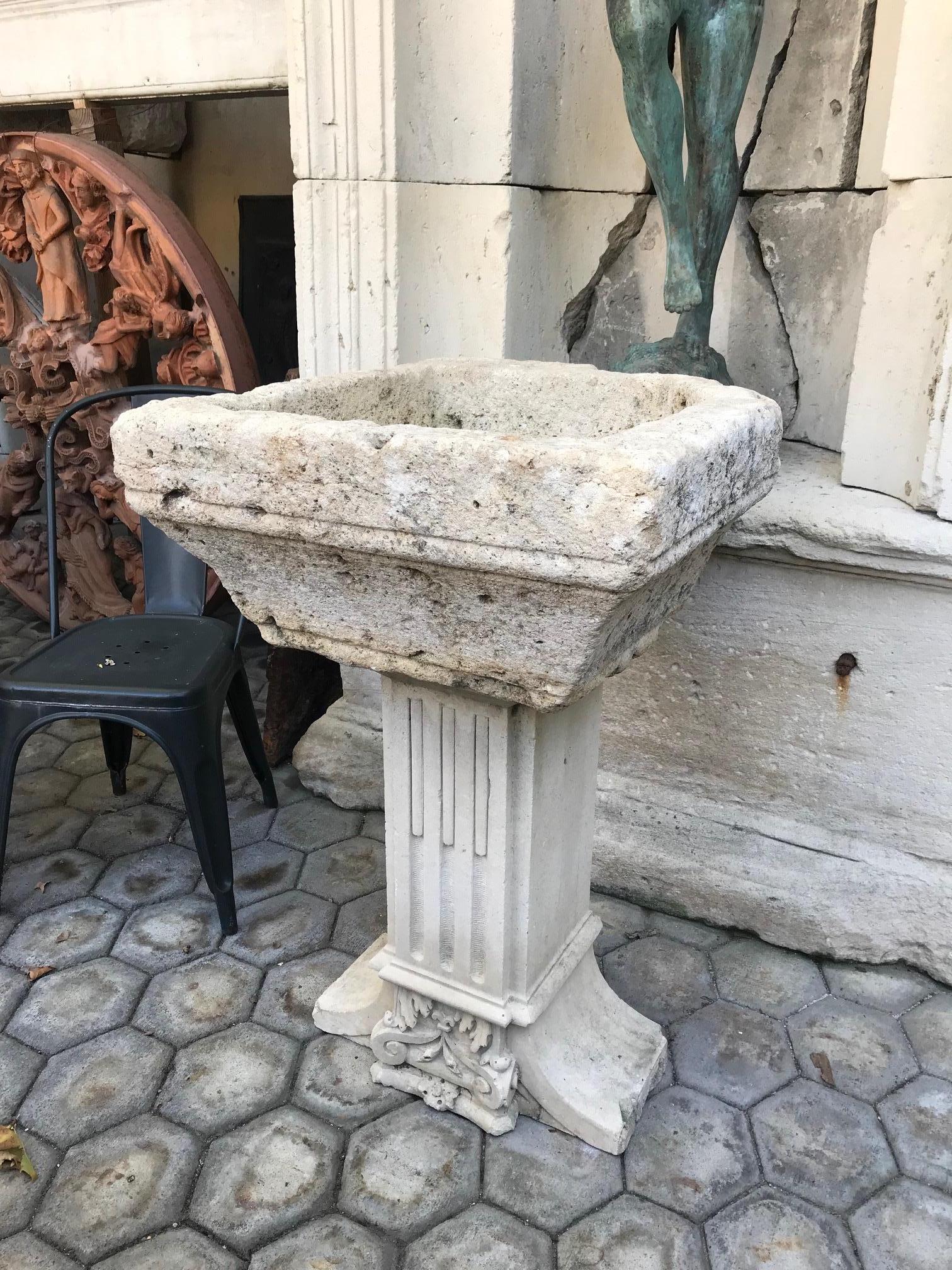 French Hand Carved Stone Container Basin on Pedestal Base Birdbath Sink Antiques focal