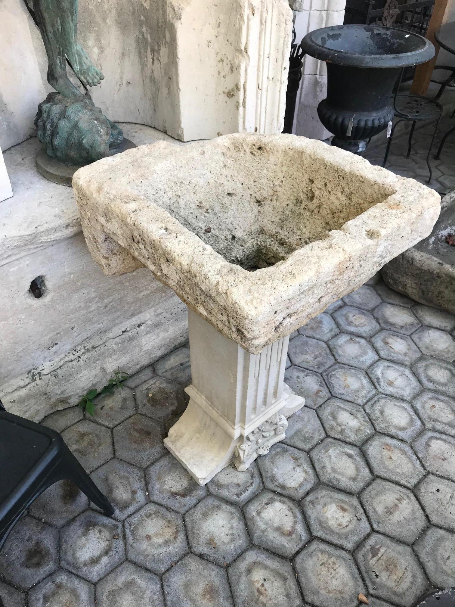 Hand-Carved Hand Carved Stone Container Basin on Pedestal Base Birdbath Sink Antiques focal