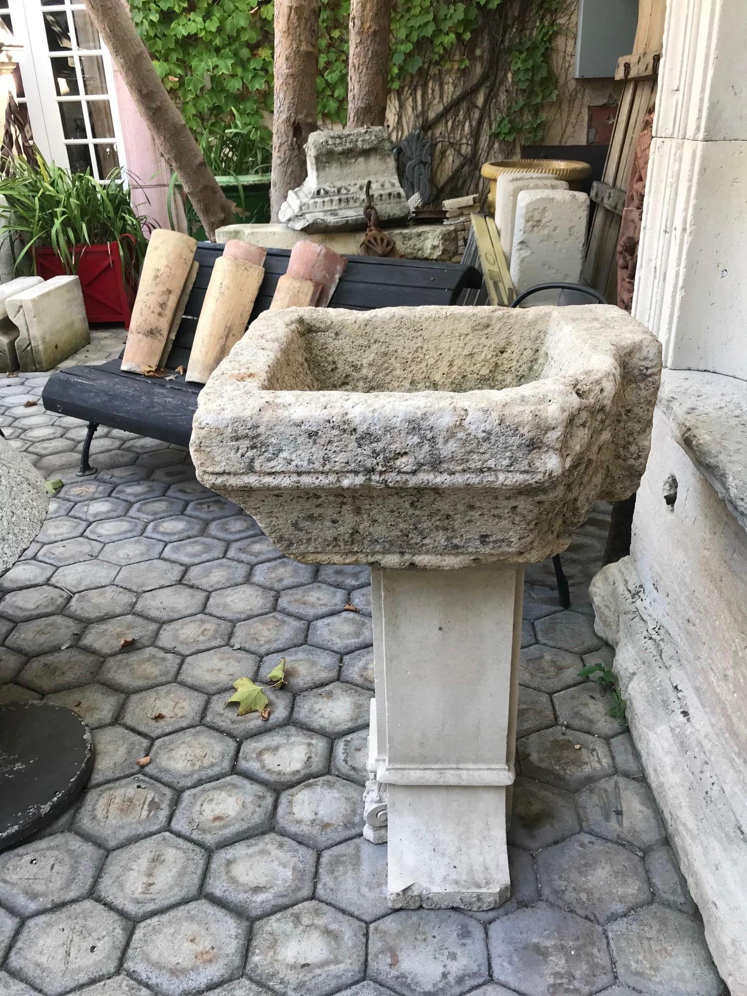 18th Century and Earlier Hand Carved Stone Container Basin on Pedestal Base Birdbath Sink Antiques focal