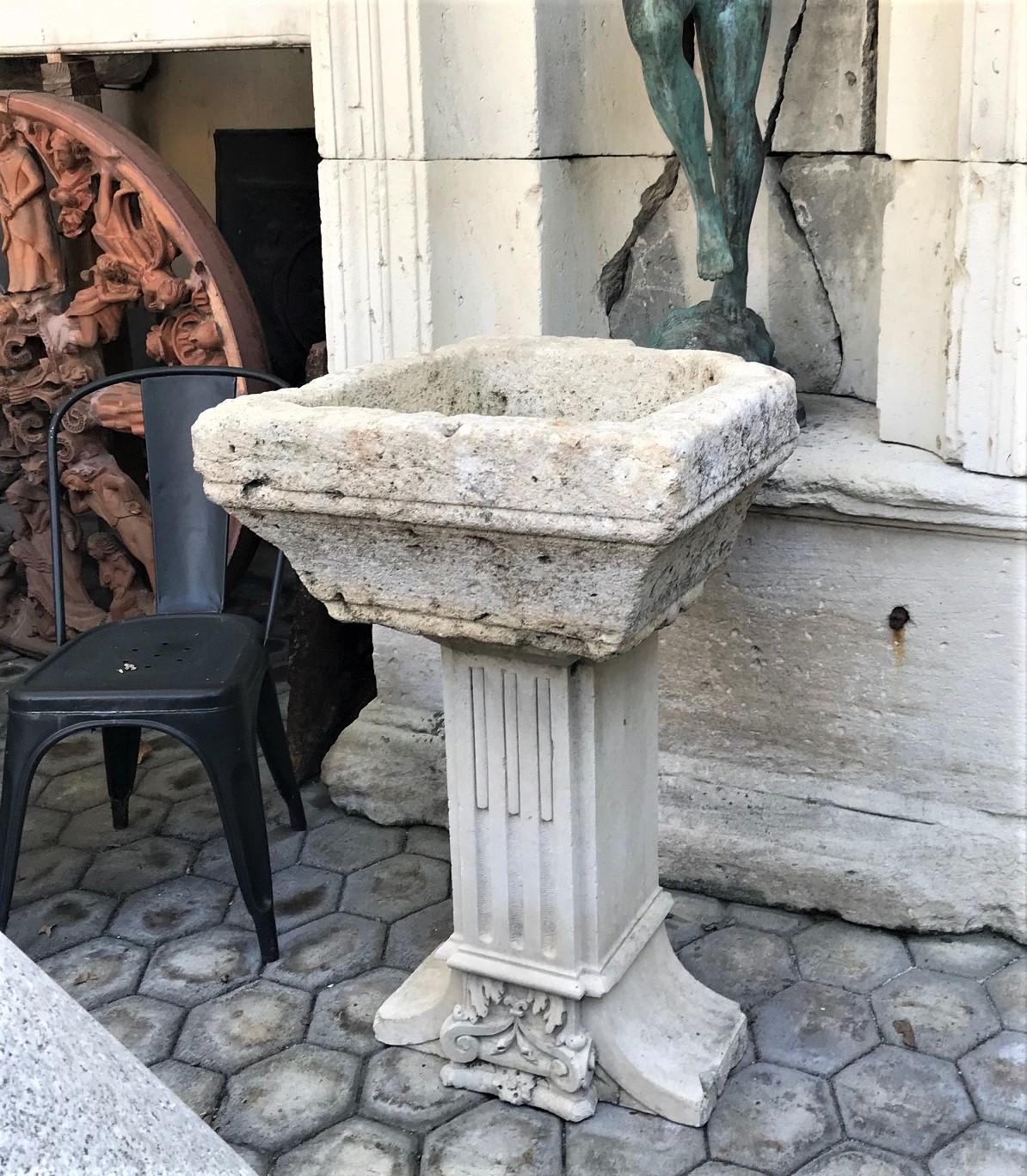Hand Carved Stone Container Basin on Pedestal Base Birdbath Sink Antiques focal 1