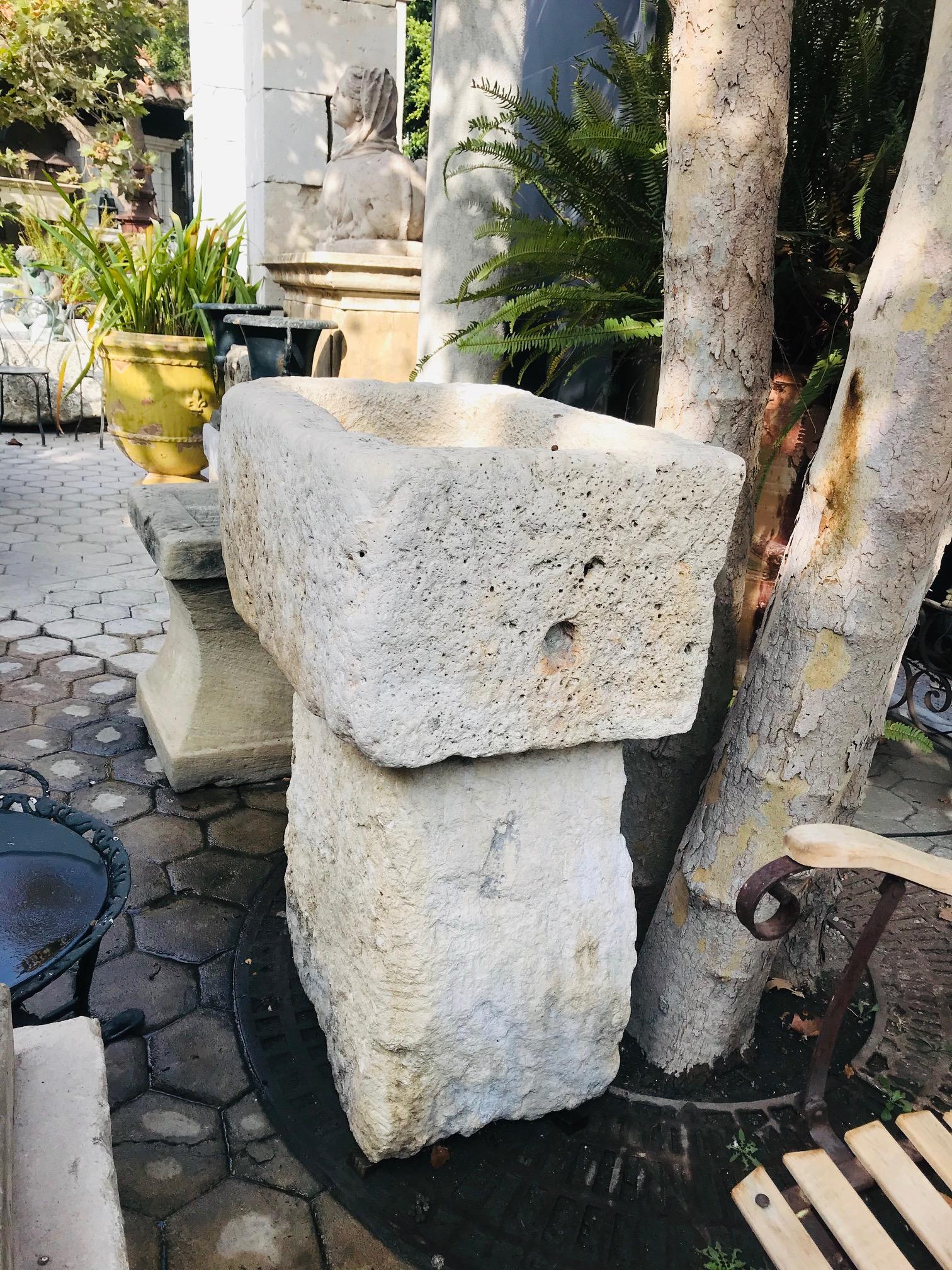 Hand-Carved 18th Century Carved Stone Basin on Pedestal Base as Birdbath Sink Fountain