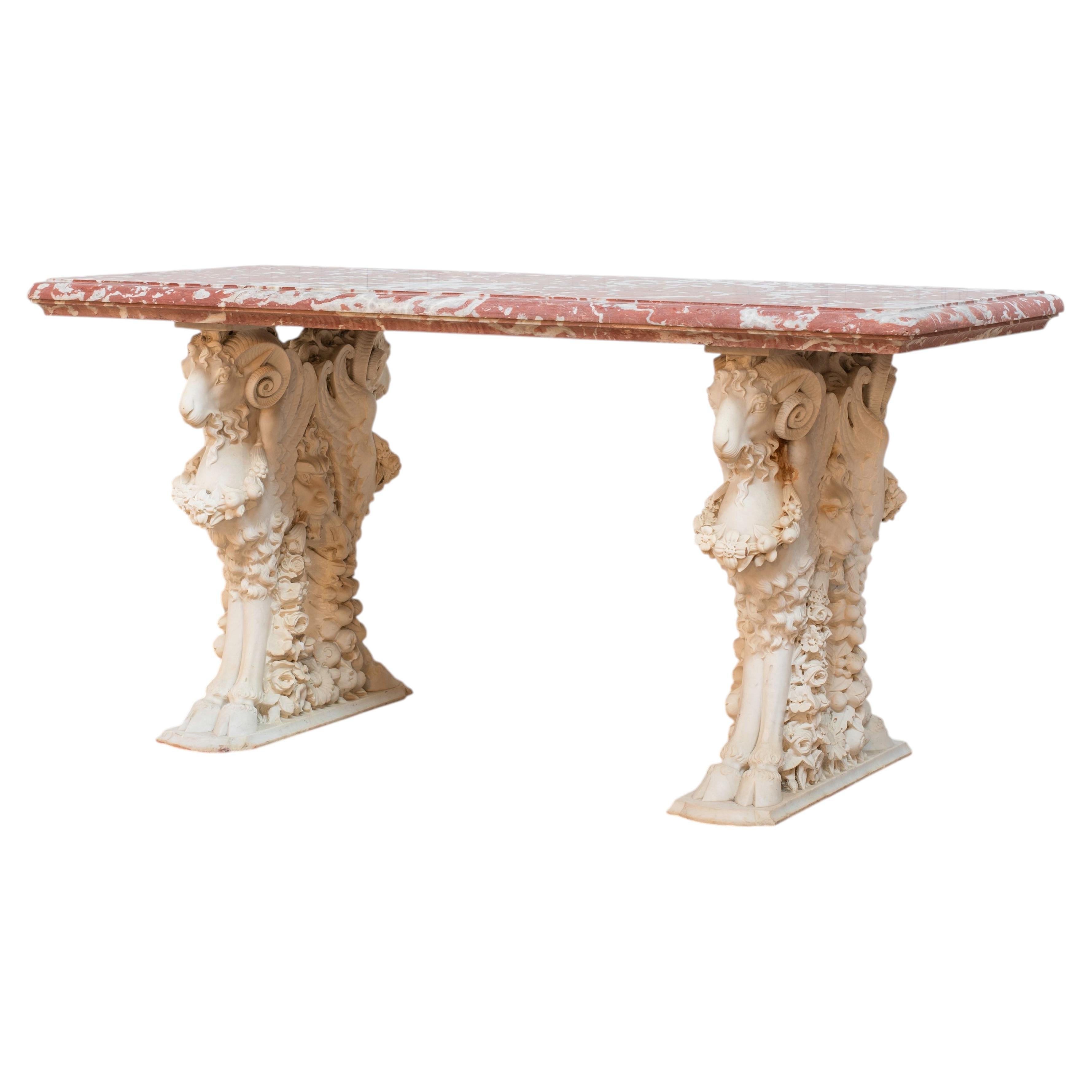Antique Center Table with Red Languedoc Marble Top and Italian Carved Marble Ram