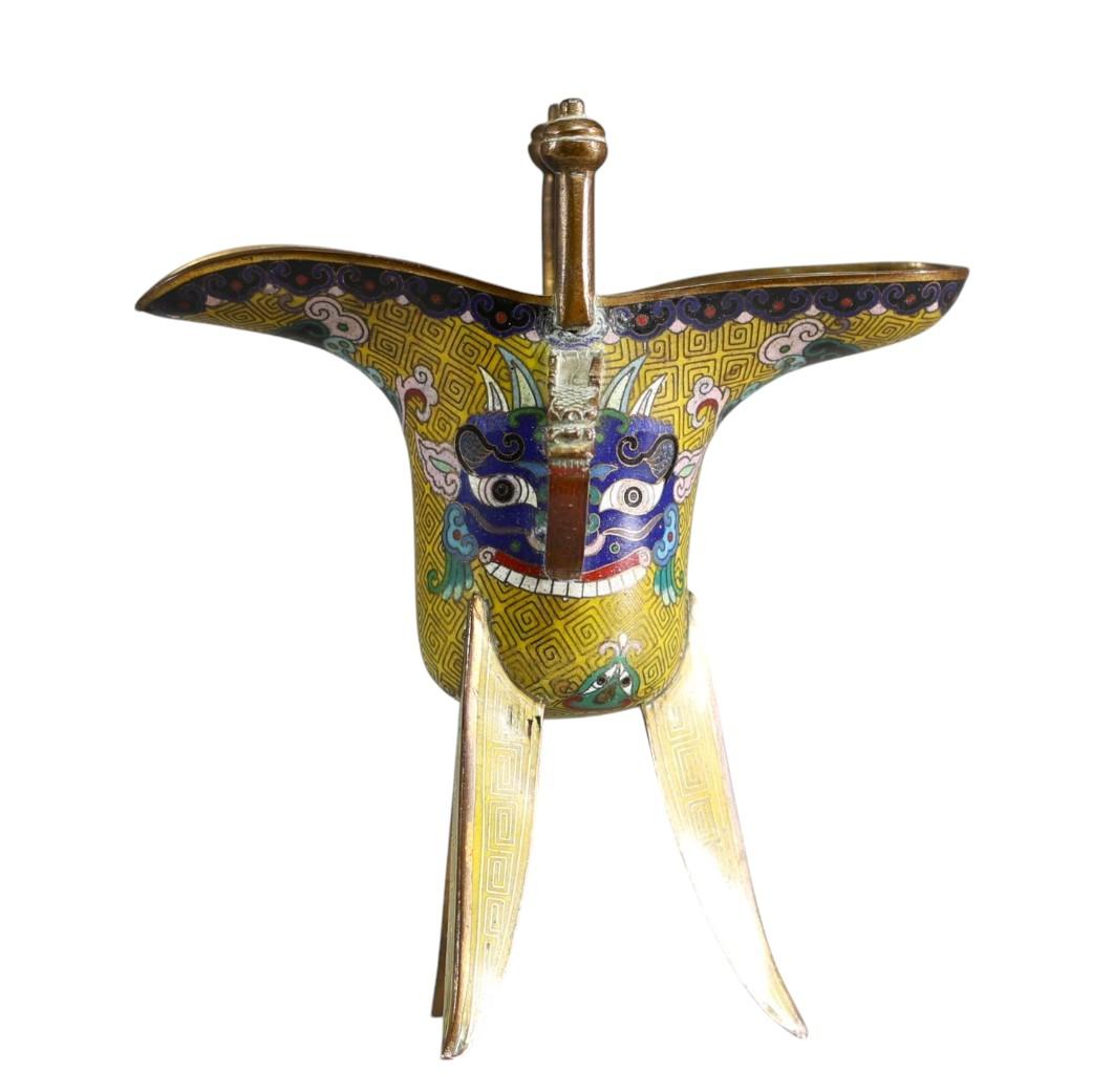 18th Century and Earlier 18th C. Chinese Bronze and cloisonné enamel wine cup for ritual ceremonies For Sale