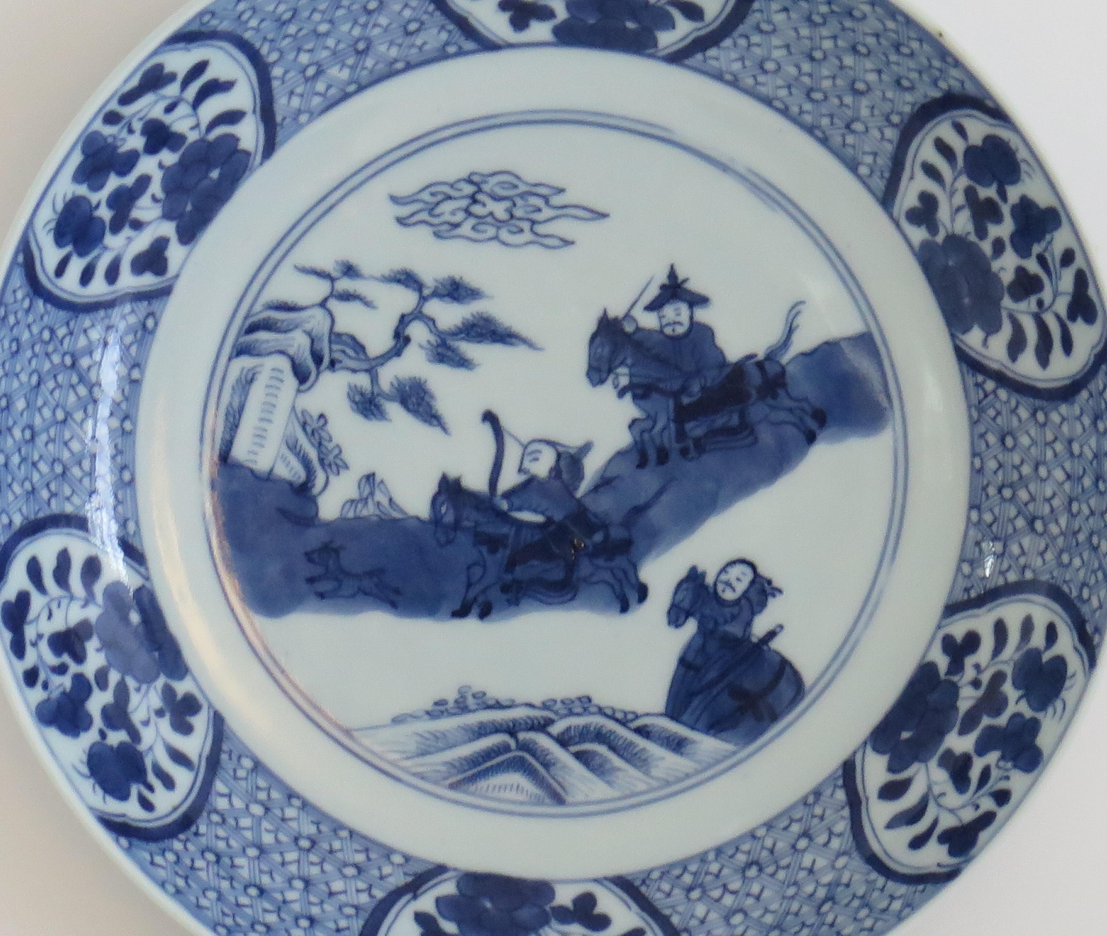 Qing 18th C. Chinese Dish or Plate Porcelain Blue & White Hand Painted Hunting Scene For Sale