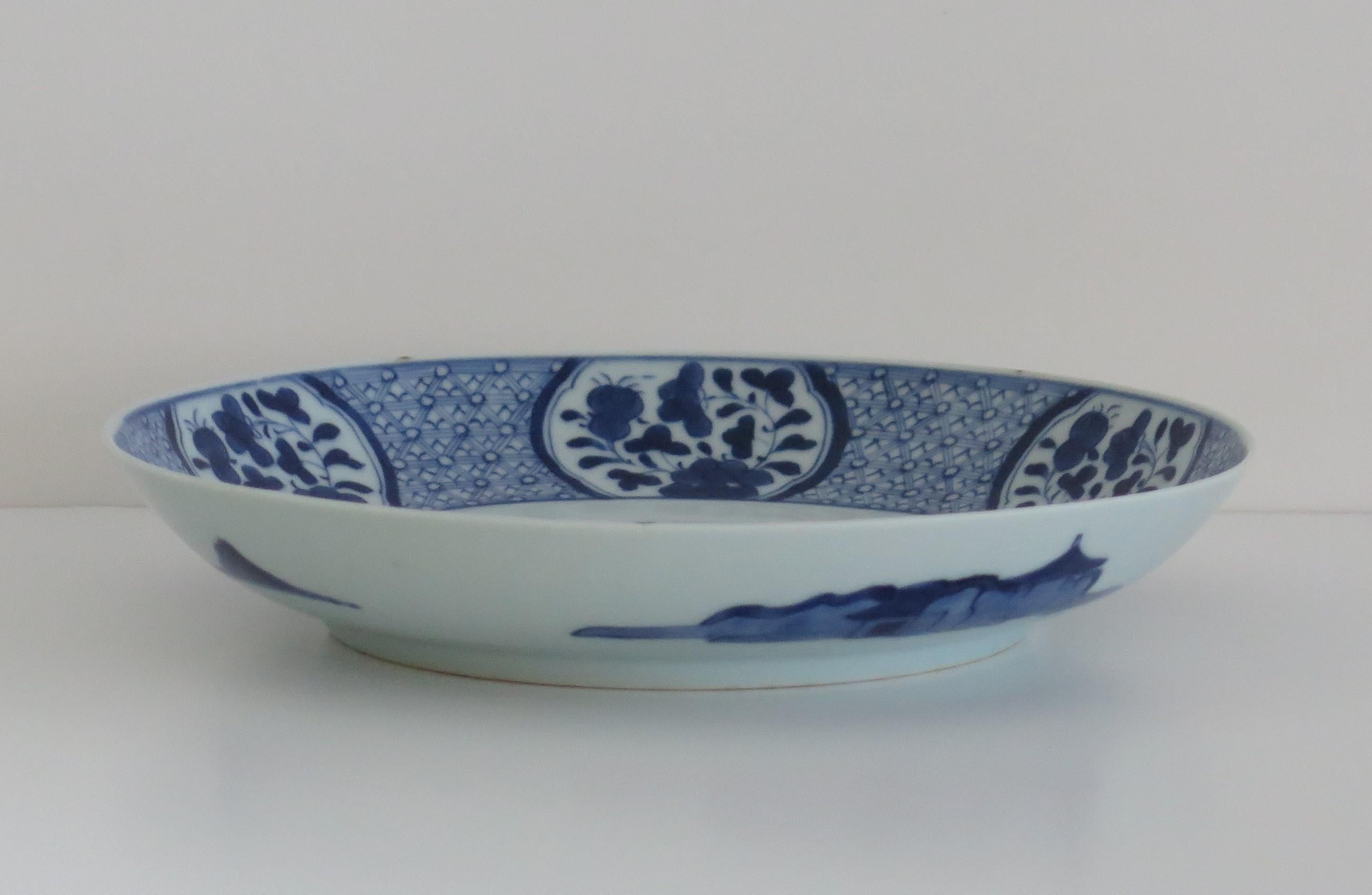 18th C. Chinese Dish or Plate Porcelain Blue & White Hand Painted Hunting Scene For Sale 1