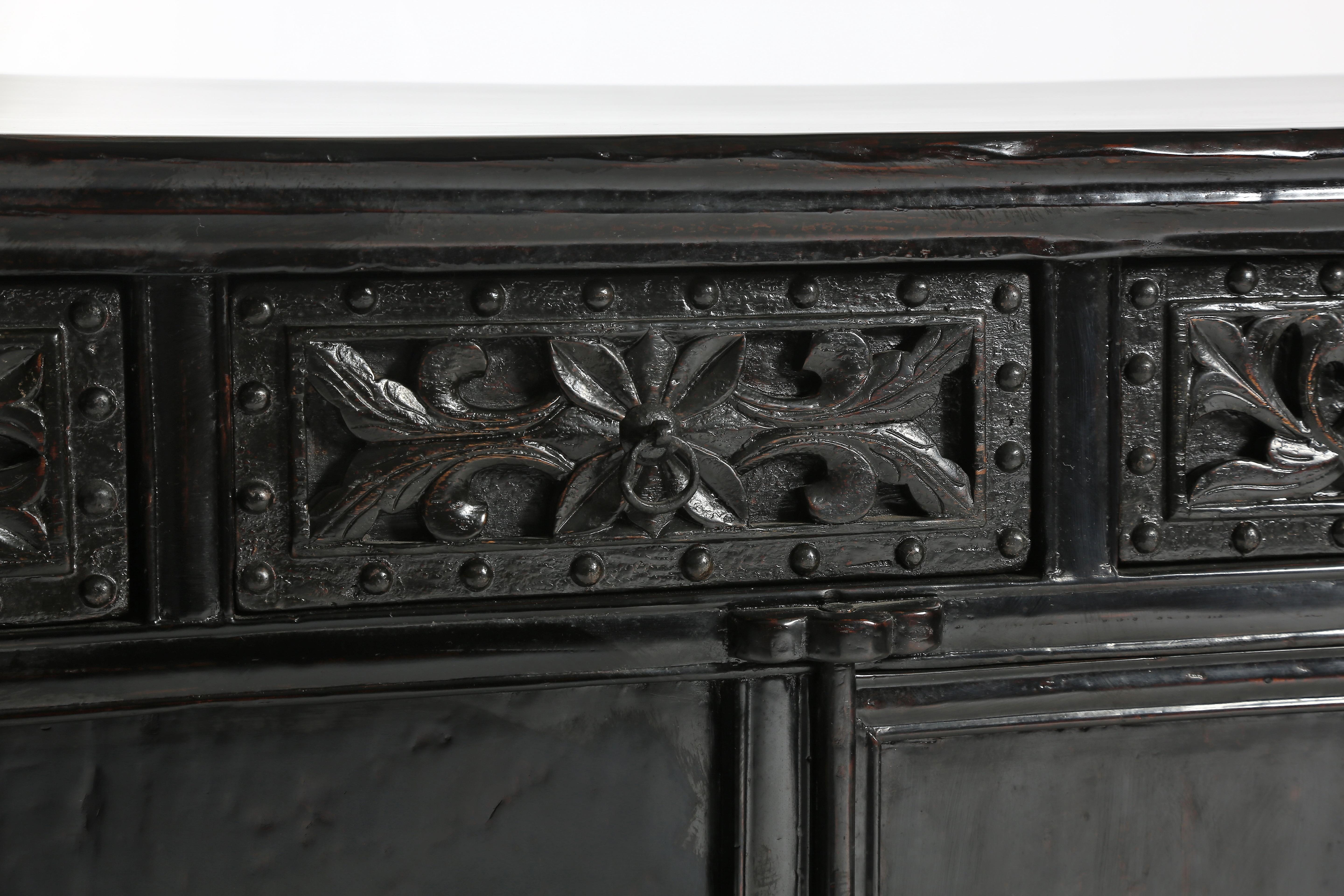 Elm 18th Century Chinese Long Coffer with Everted Ends For Sale