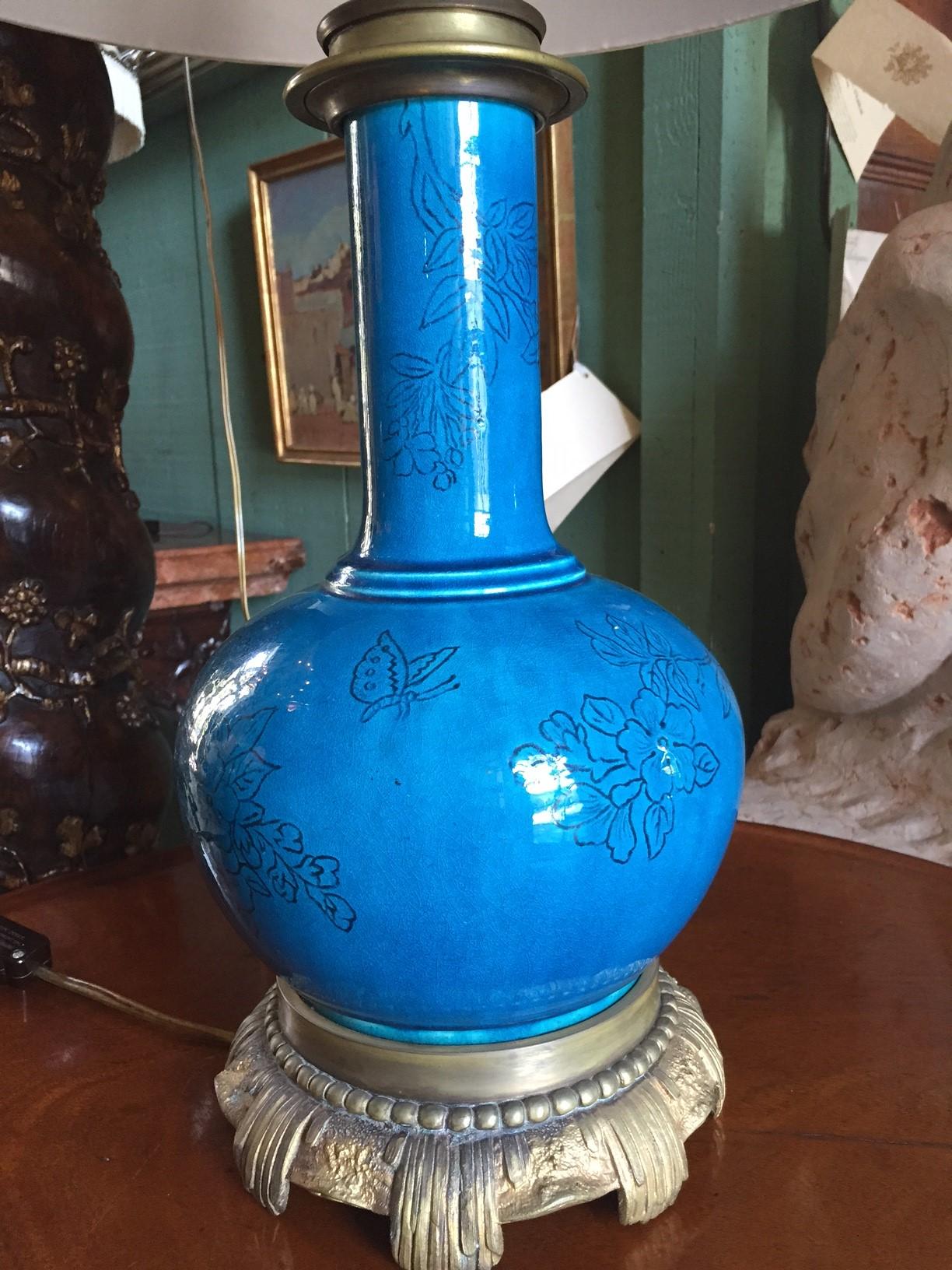 18th C. Table Lamp Ceramic Baluster Chinese blue Vase & Shade Finial Antiques LA For Sale 5