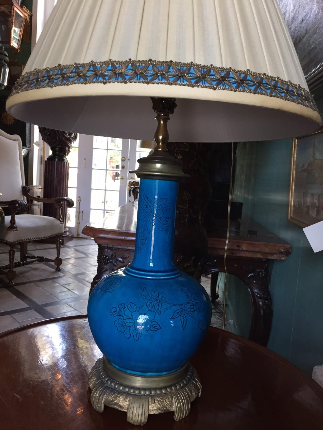 18th C. Table Lamp Ceramic Baluster Chinese blue Vase & Shade Finial Antiques LA For Sale 7